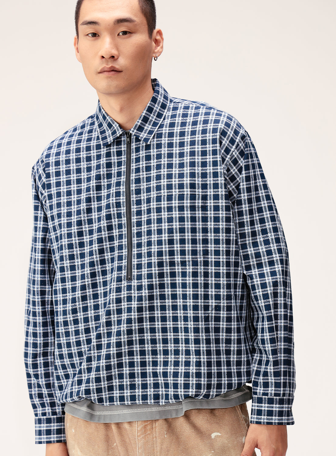 Wide Fit Perforated Check Half-Zip Pullover Shirt