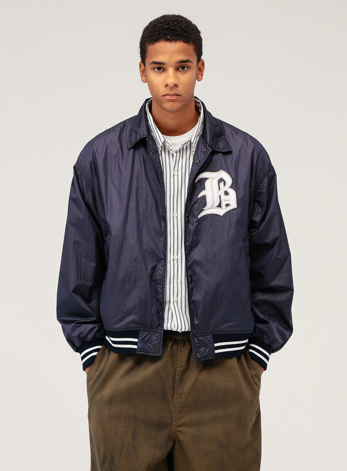 Wide Short Fit Nylon Varsity Jacket