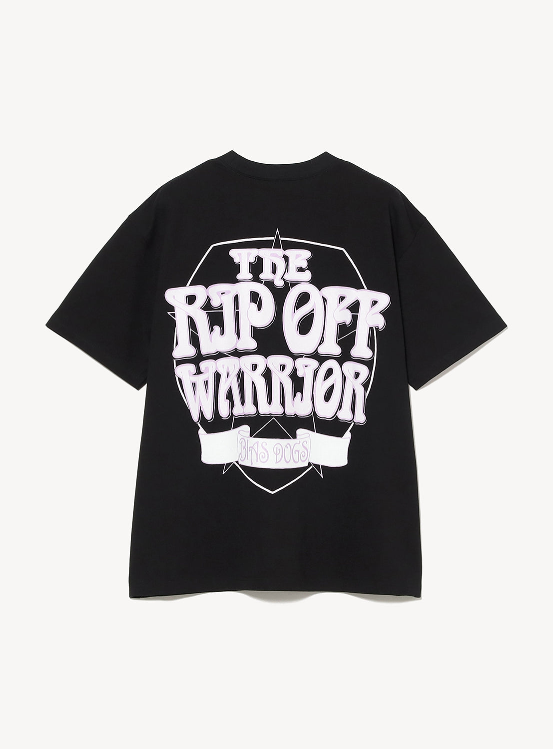 The Rip Off Warrior Tee by BIAS DOGS is a black graphic T-shirt adorned with bold, stylized white and purple text on the back reading "THE RIP OFF WARRIOR BHS 2005" inside a decorative outlined shape, capturing the edgy spirit of 1990s street culture.