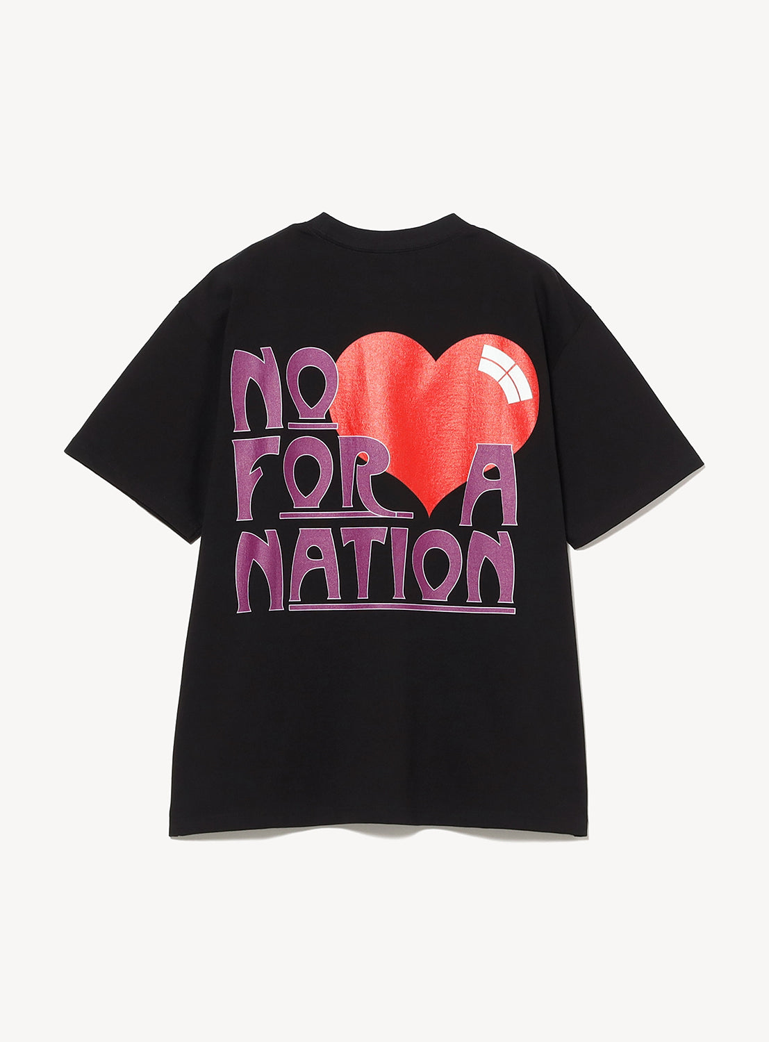 The BIAS DOGS Eco-Anarchist Tee is a black T-shirt featuring “NO FOR A NATION” in bold purple letters and a striking large red heart graphic centered on the back—an unapologetically bold statement piece inspired by eco-anarchism aesthetics.
