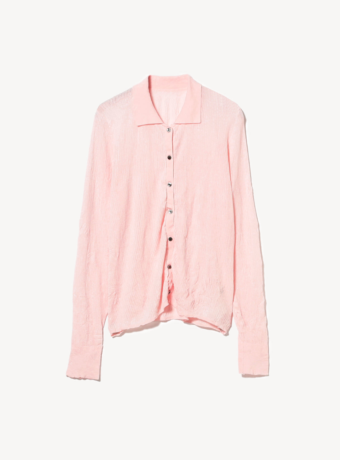 A light pink Sheer Rib Knit Polo Cardigan by Ray BEAMS, featuring long sleeves, a button-up front, collared neckline, and a subtle crinkle texture, shown slightly wrinkled and laid flat against a plain white background.