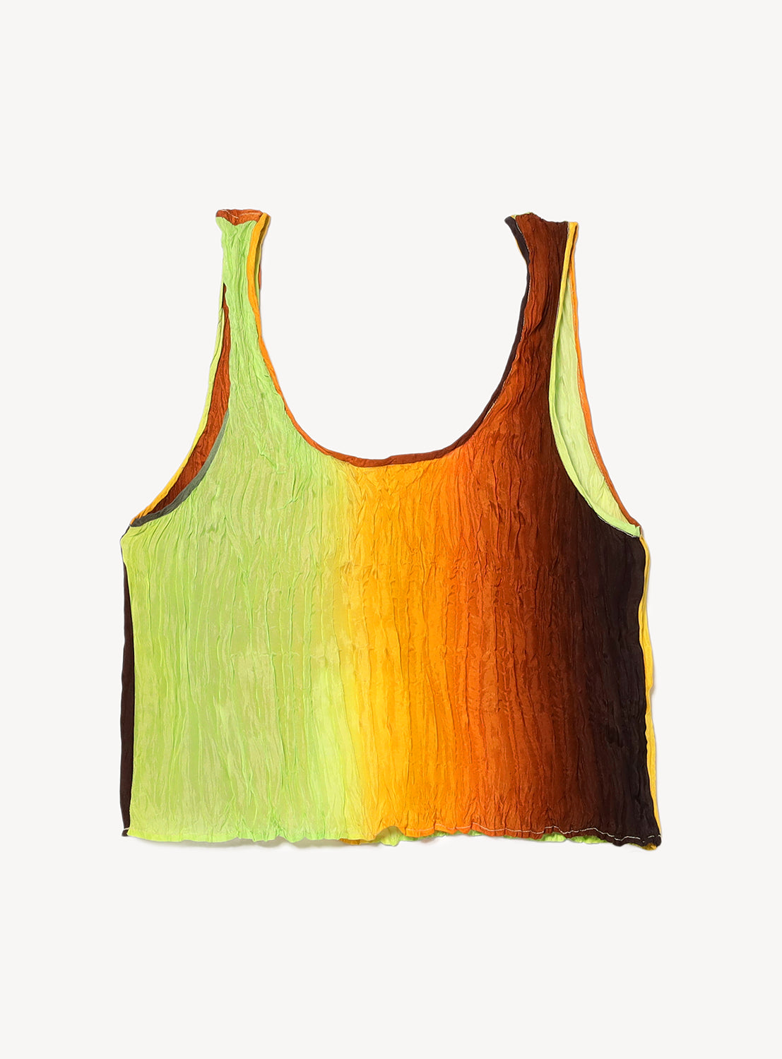 Tank top with a lime green, yellow, orange, and brown ombre color pattern.