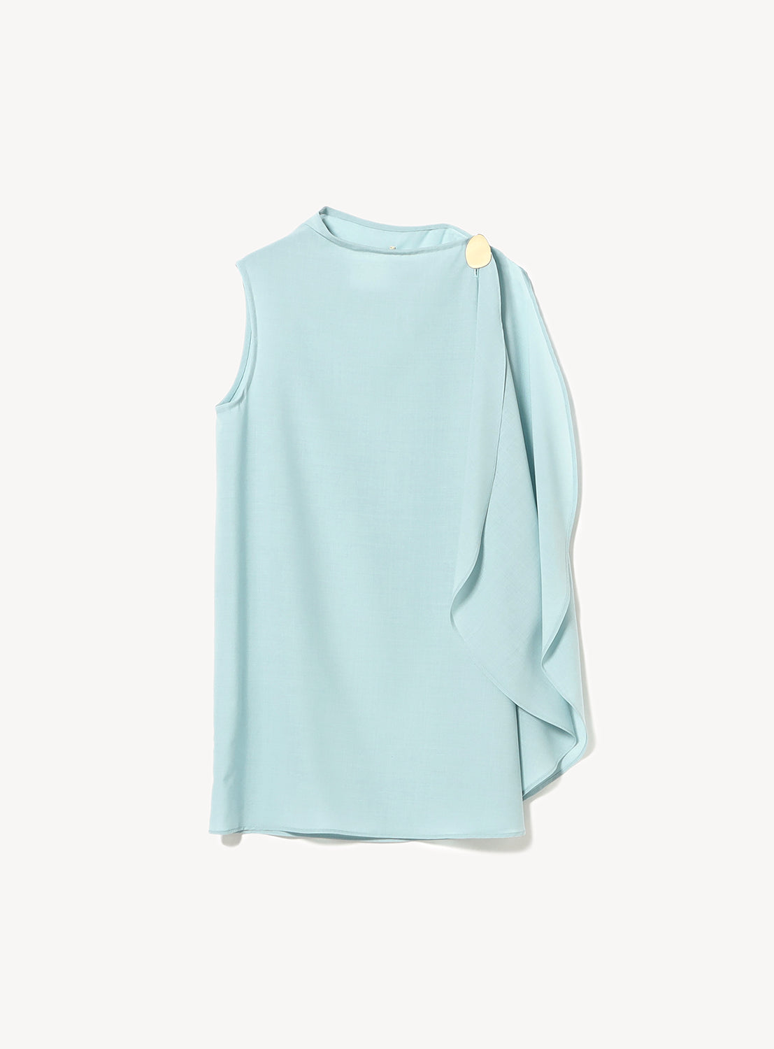 Light blue sleeveless top with a draping on the one side with a gold closure to the collar. 
