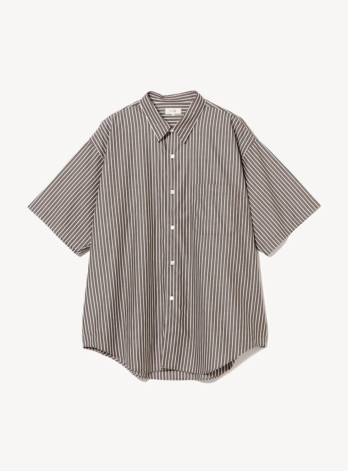 Brown and white lightweight striped short sleeve shirt with white buttons.
