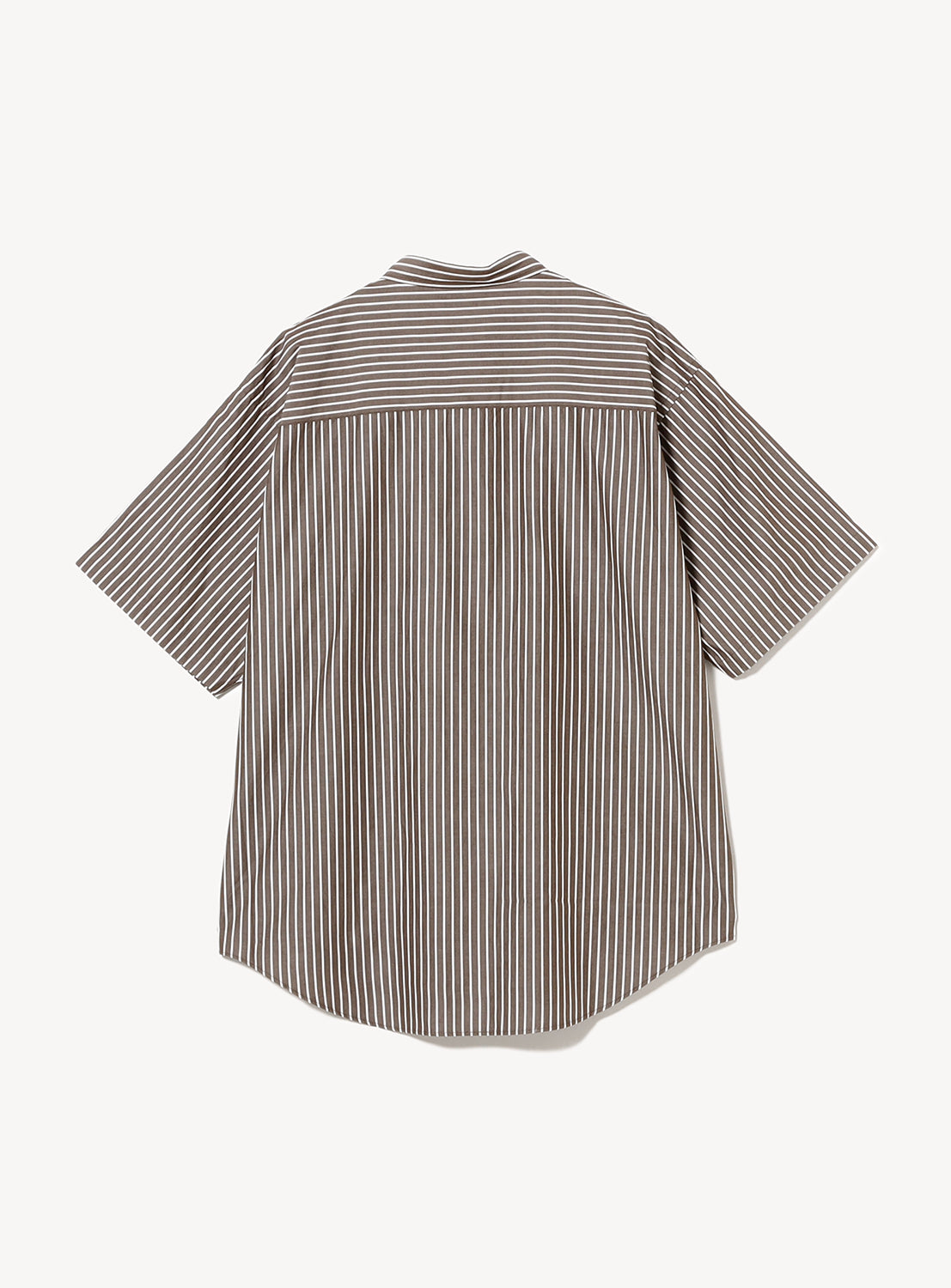 Back of brown and white lightweight striped short sleeve shirt.