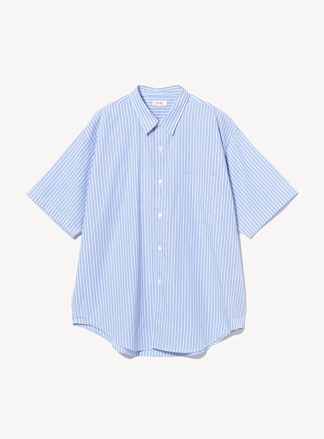 Blue and white lightweight striped short sleeve shirt with white buttons.