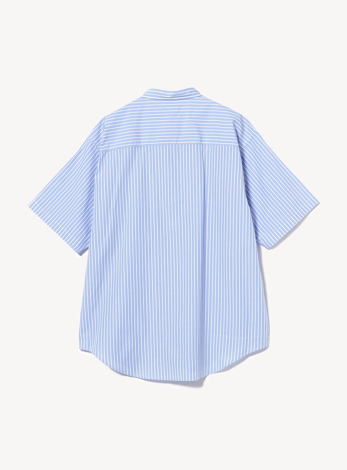 Back of blue and white lightweight striped short sleeve shirt.
