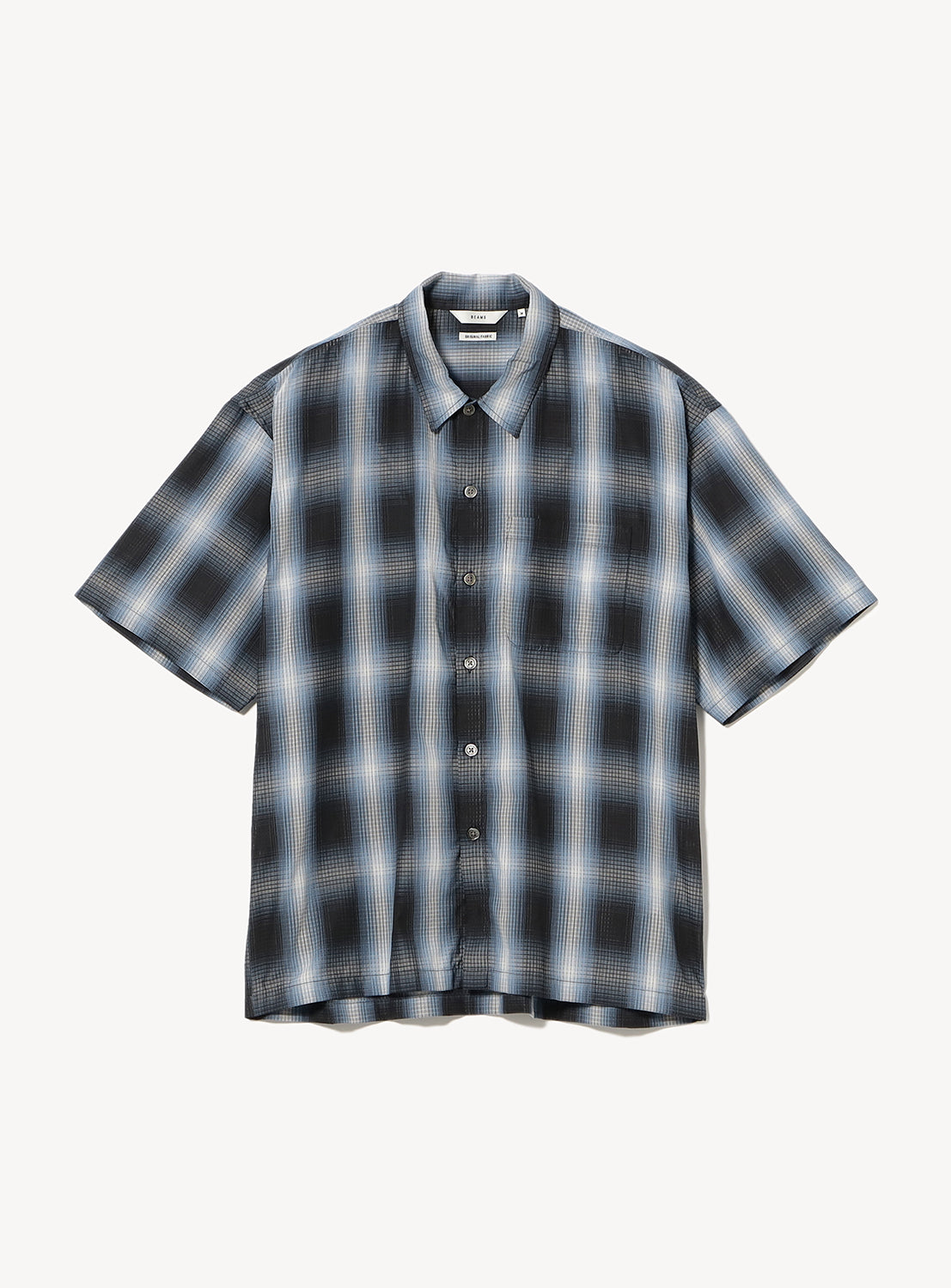 Blue and black large plaid short-sleeve polo shirt.