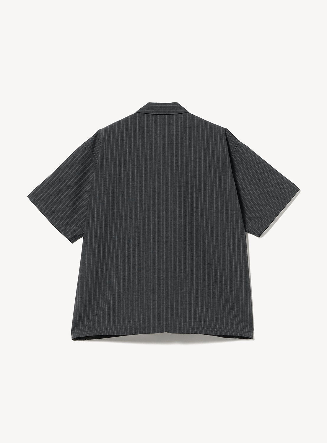 Back view of the BEAMS TW Wide Fit Half-Zip Shirt, a short-sleeve pullover in dark gray with a subtle pinstripe pattern, crafted from premium polyester-wool tropical fabric and featuring a relaxed silhouette, laid flat on a white background.