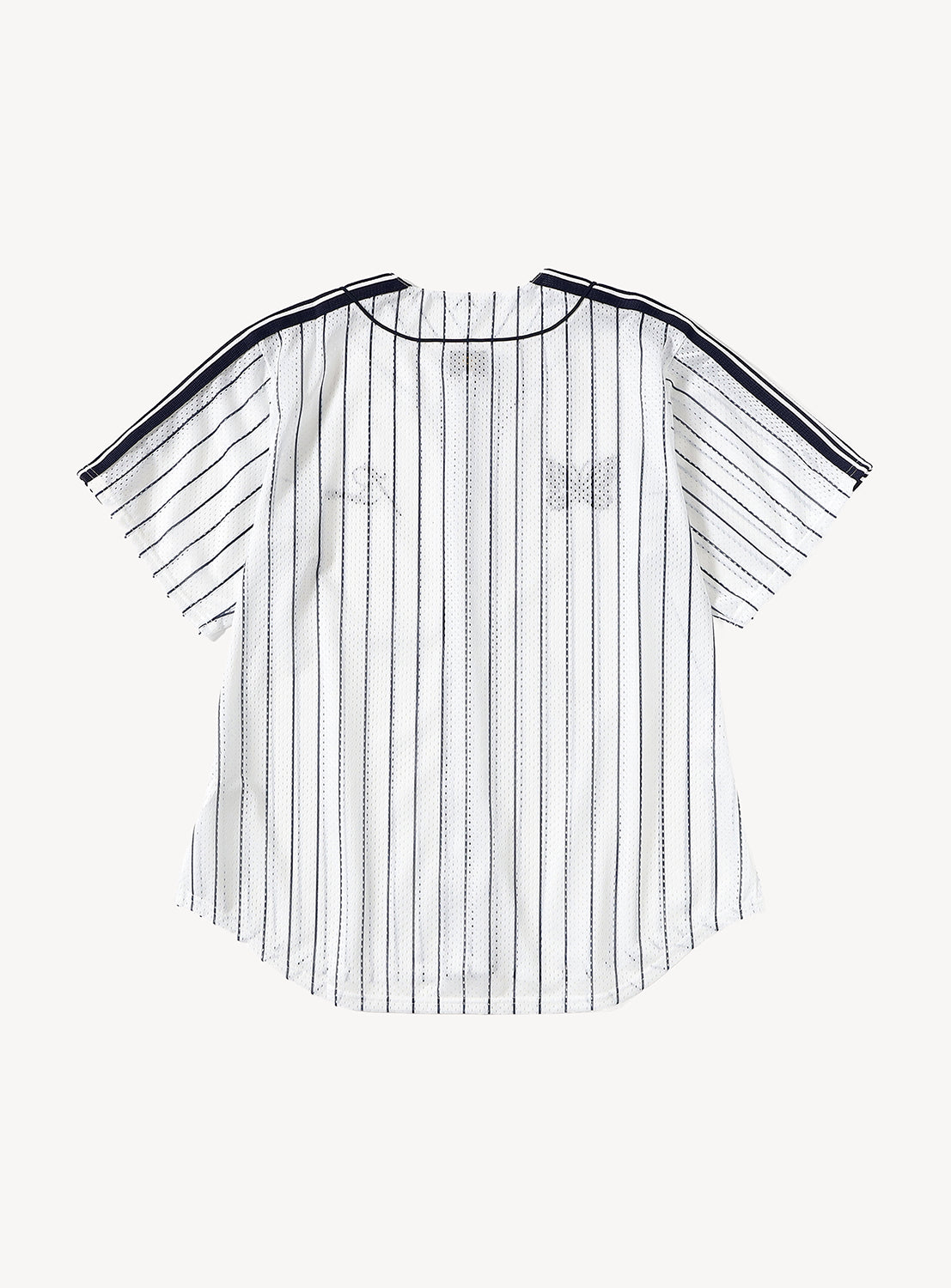 Introducing the [Exclusive] Needles 50th Baseball Shirt from NEEDLES—a white short-sleeve jersey designed with vertical black pinstripes, two embroidered chest patches, and black piping along the shoulders. Drawing inspiration from classic streetwear, this baseball shirt showcases a rounded hem and a buttonless front for a clean, contemporary finish.