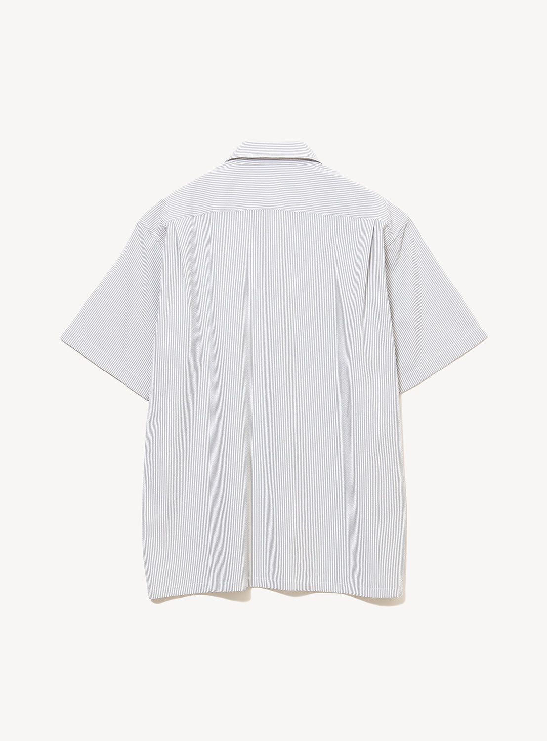 Back view of the BEAMS Stretch Quick-Dry Seersucker Relaxed Fit Shirt, featuring short sleeves and light blue and white vertical stripes with a collared neckline, displayed against a plain white background. Crafted from lightweight, quick-drying, wrinkle-resistant seersucker fabric for easy care and enhanced comfort.