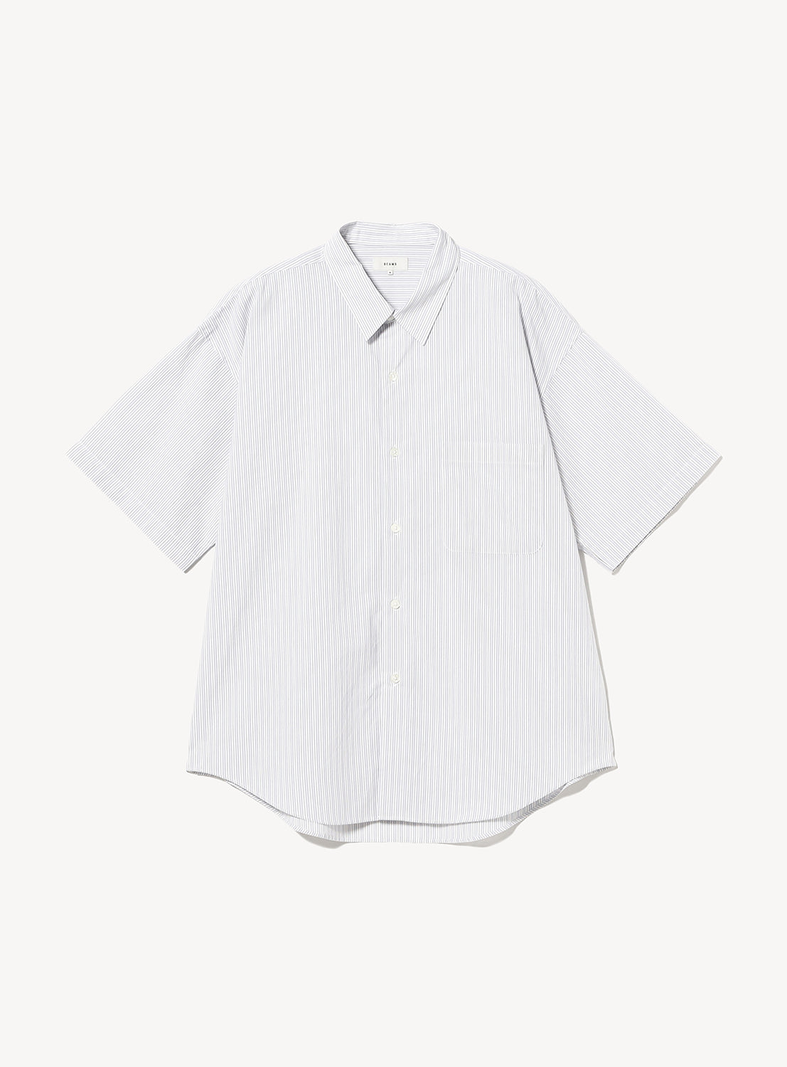 The BEAMS Relaxed Fit Striped Shirt is a light blue and white broad stripe short-sleeve button-up, featuring a mini-regular collar and chest pocket, shown laid flat on a white background.