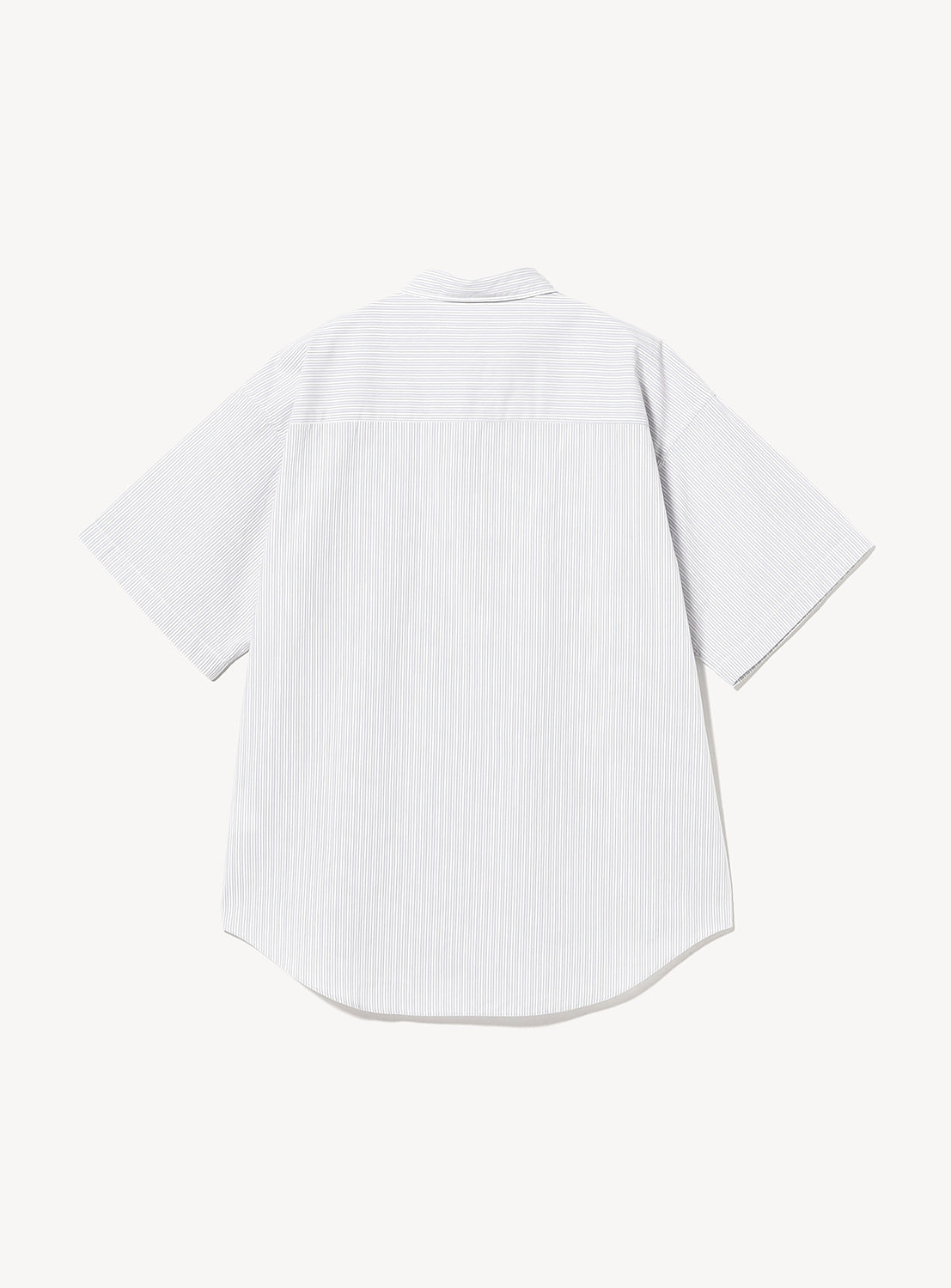 Back view of the BEAMS Relaxed Fit Striped Shirt, featuring short sleeves and subtle vertical stripes, shown on a plain white background.