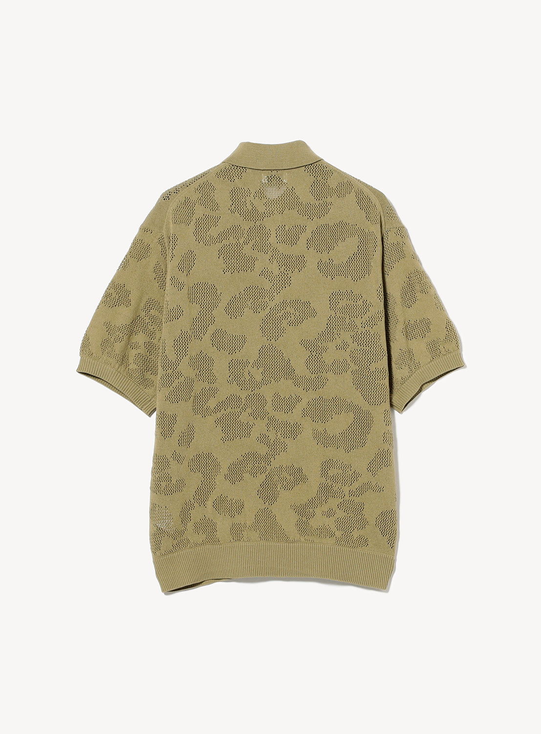 Back of moss green knit polo shirt with a mesh pattern.