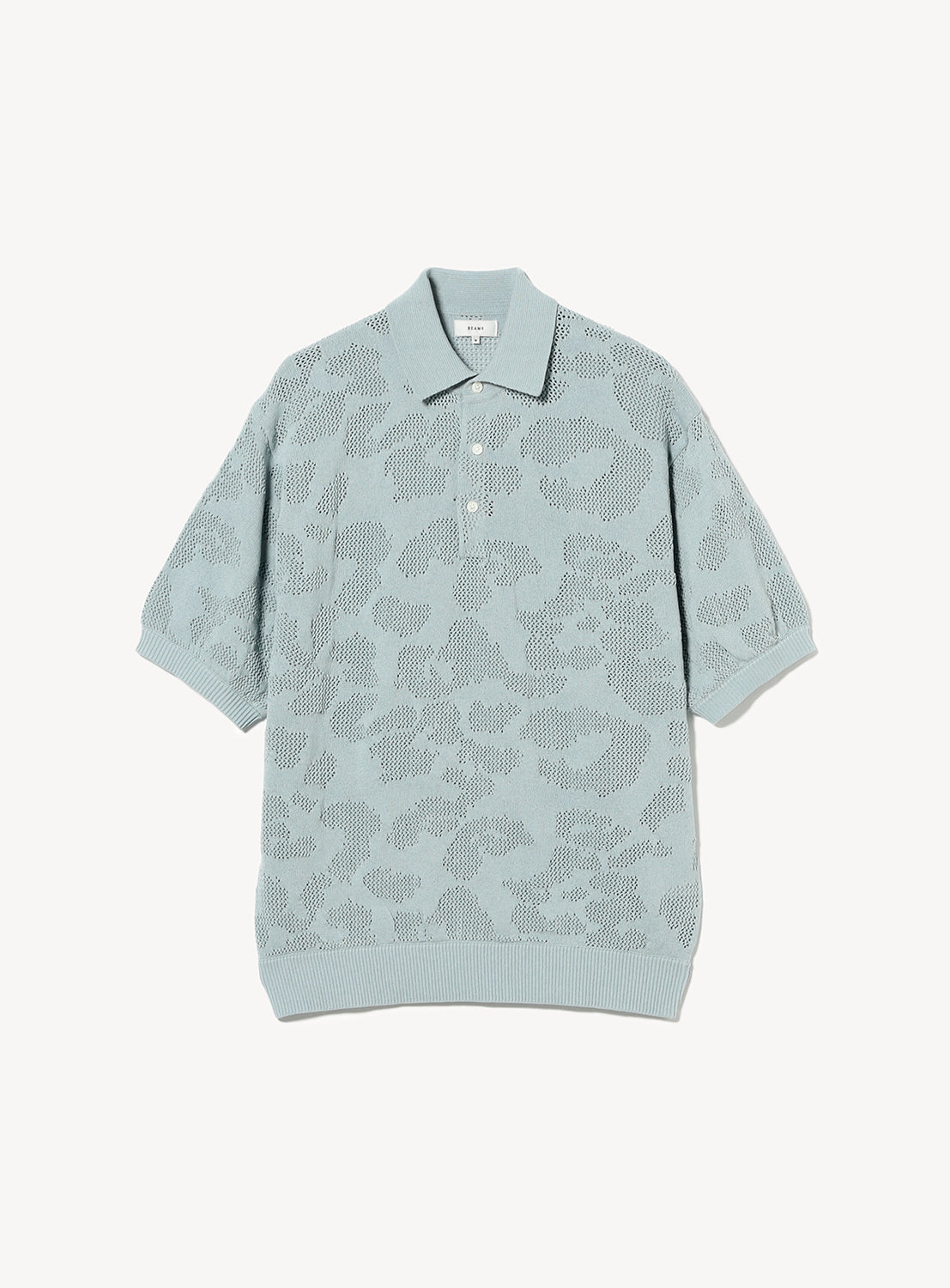Light blue knit polo shirt with subtle mesh pattern.