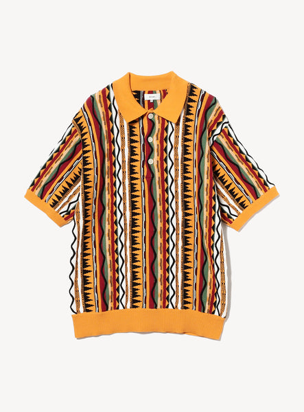 24SS美品WACKOMARIAストライプニットポロシャツORANGE/XL WACKO MARIA/STRIPED JACQUARD SUMMER KNIT POLO SHIRT（BLACK