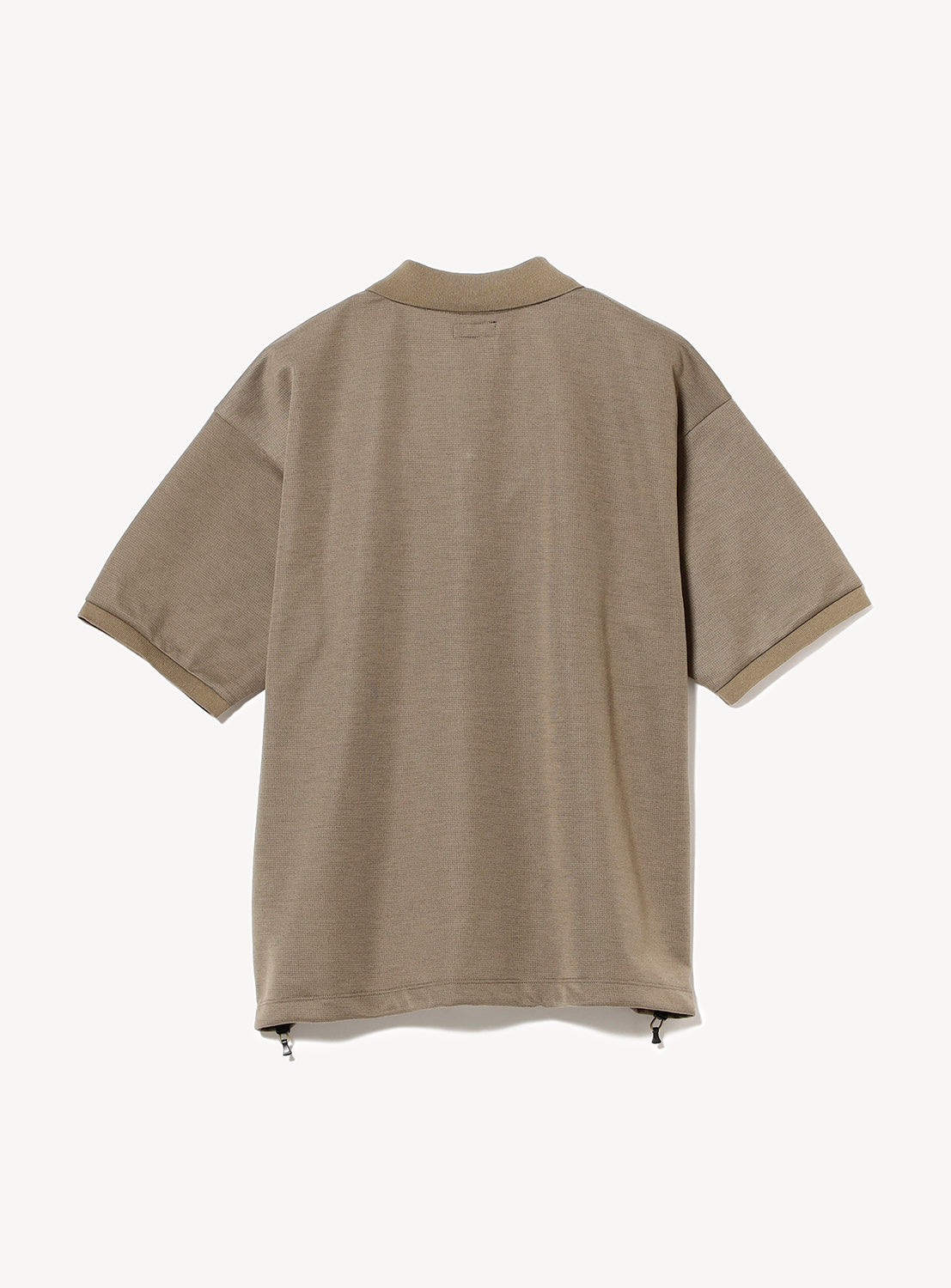 Full flat lay of a taupe textured polo shirt, highlighting its relaxed silhouette and subtle fabric pattern.