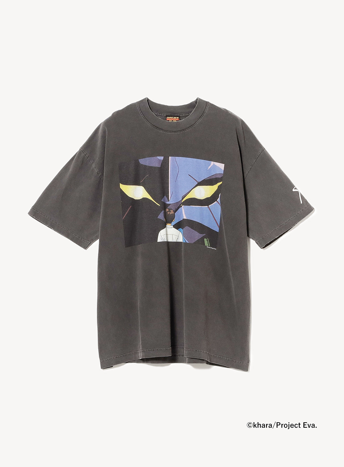 Dark grey graphic tee with a Unit-01 print in signature colors.
