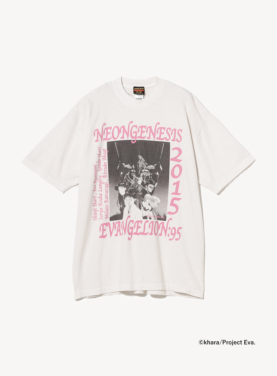 White t-shirt with a monochrome Evangelion graphic and bold pink lettering, inspired by TV broadcast visuals.