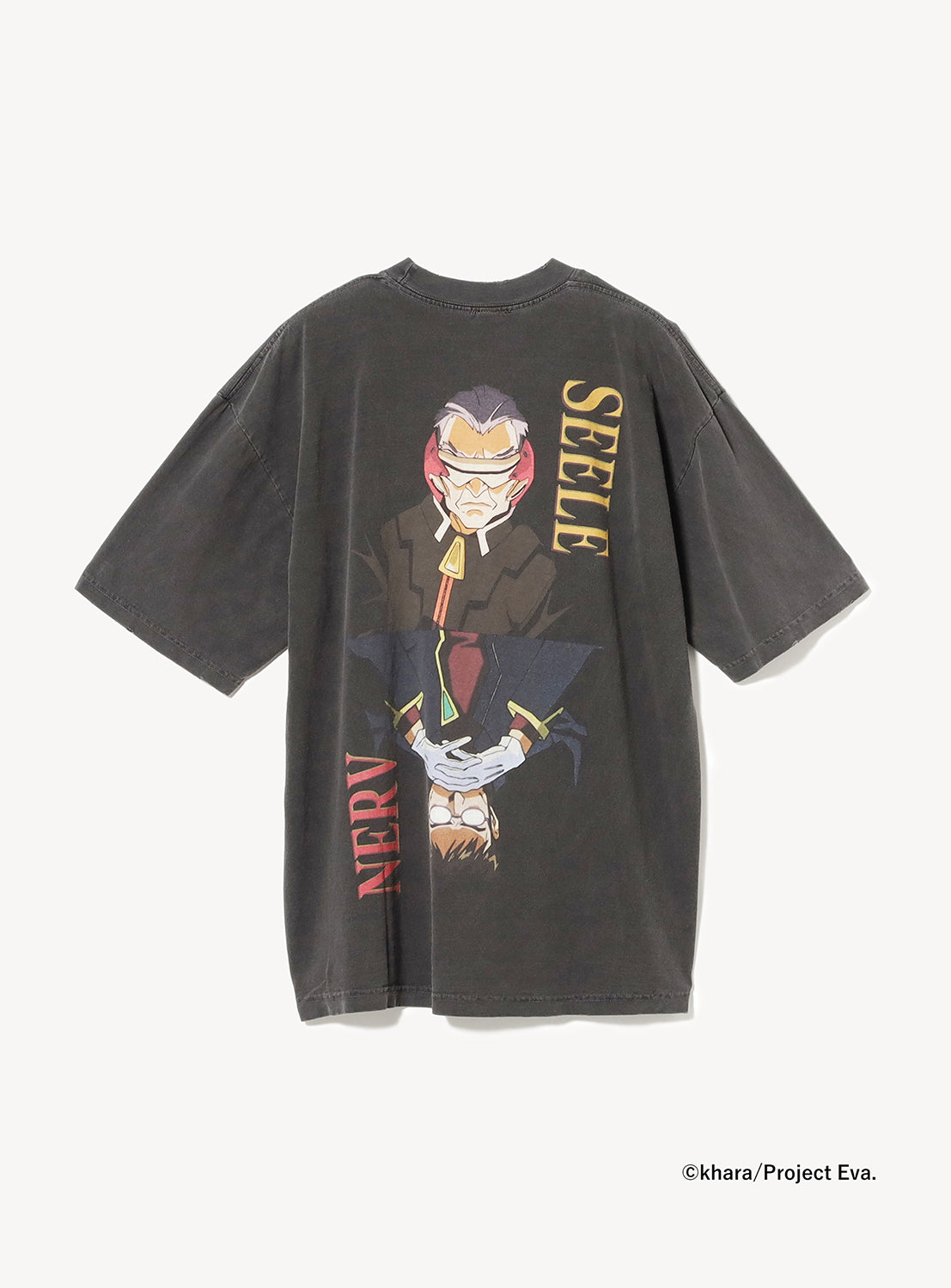 Back of a grey tee with a powerful graphic of SEELE's Keel-choir and NERV's Commander Ikari.