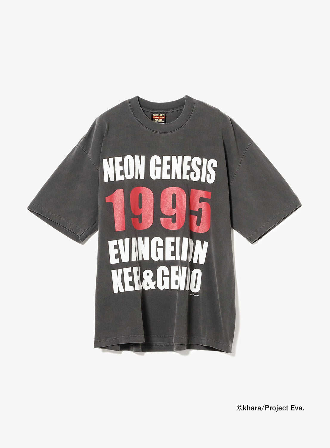 Front of a distressed grey tee with bold Evangelion-style text and "1995" graphic print in white and red. 