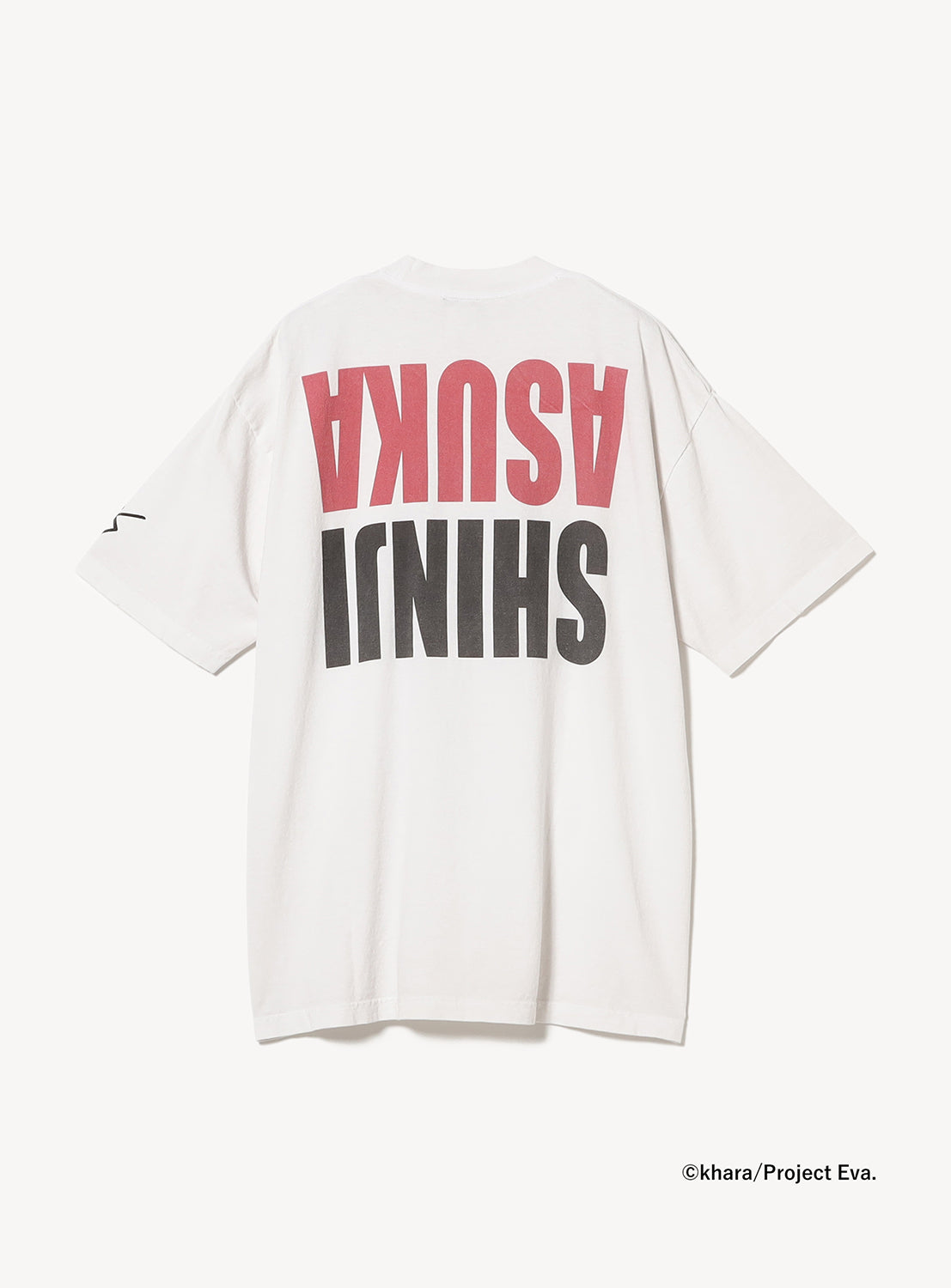 Back of a white tee with a striking red "SHINJI ASUKA" graphic print in red and black.