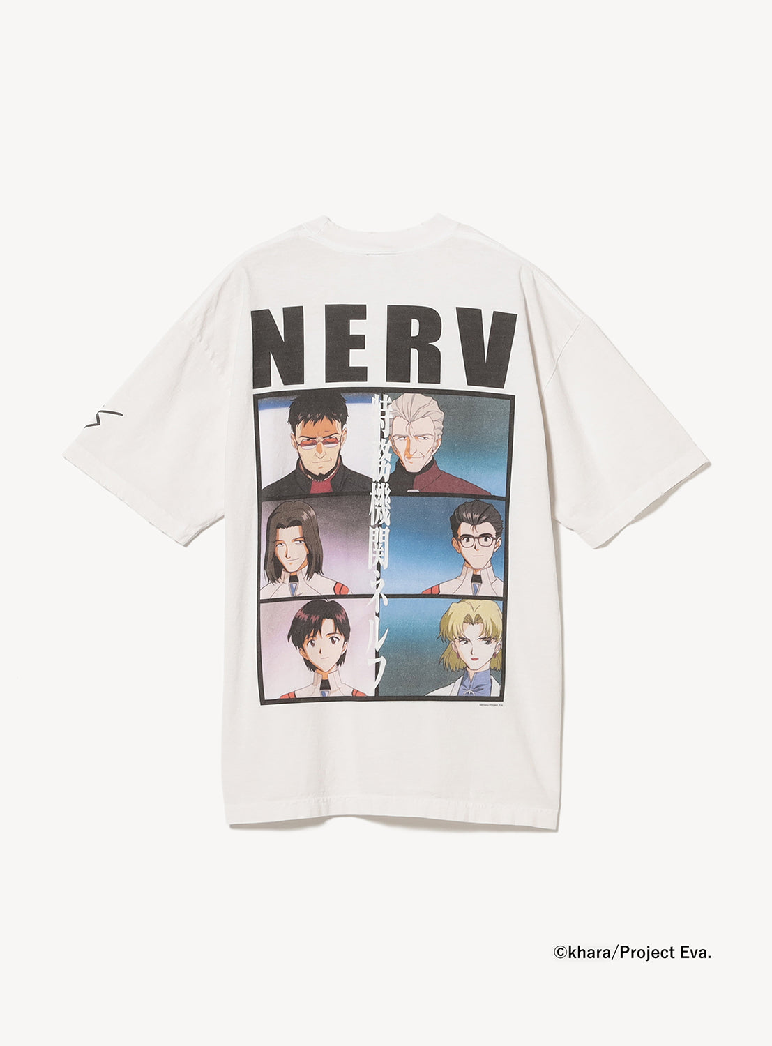 Back of a white tee with a bold graphic of six NERV pilots from the EVANGELION series opening sequence.