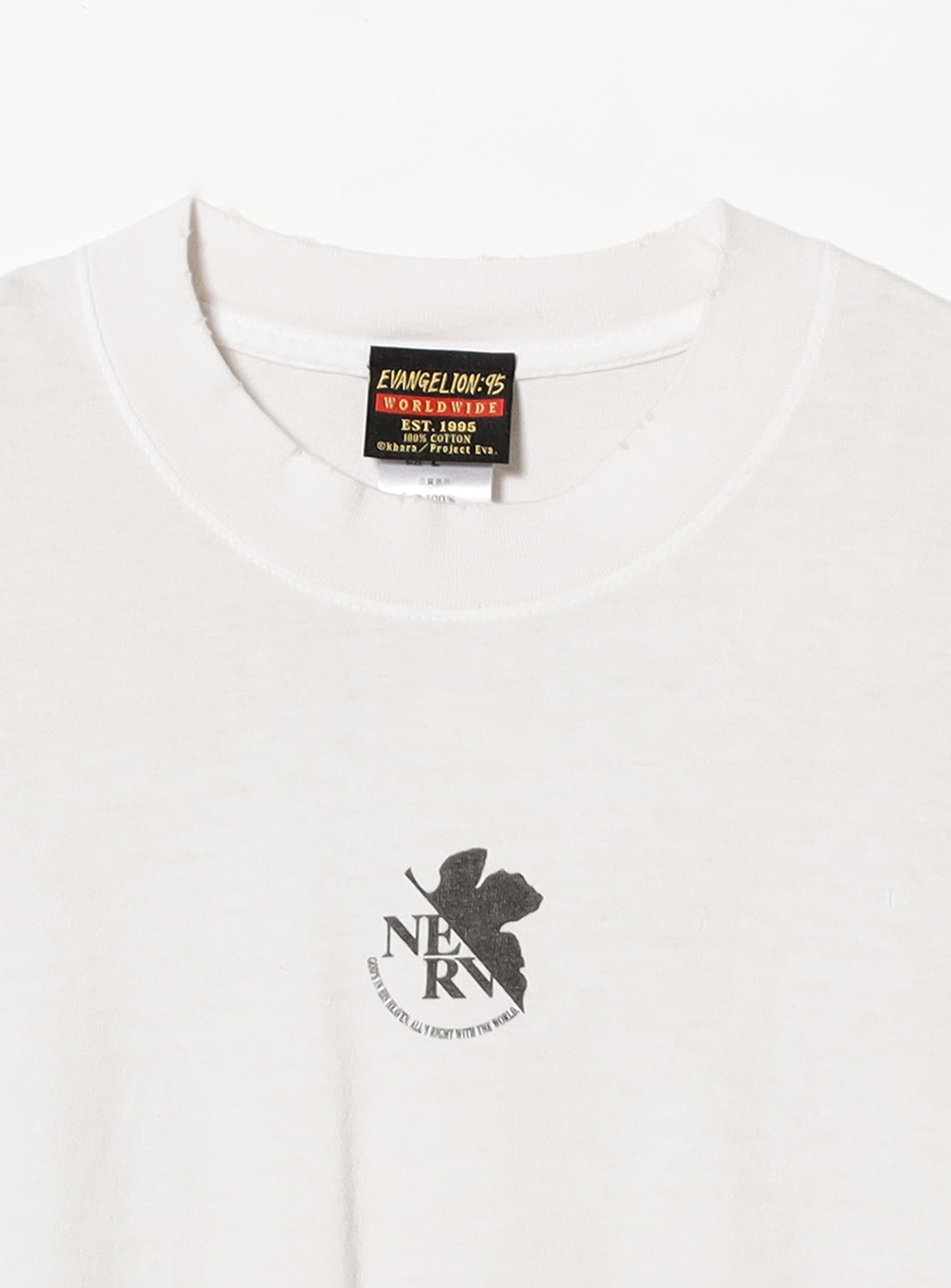 Front of a white EVANGELION:95 tee, showing the NERV logo and a branded tag near the collar.
