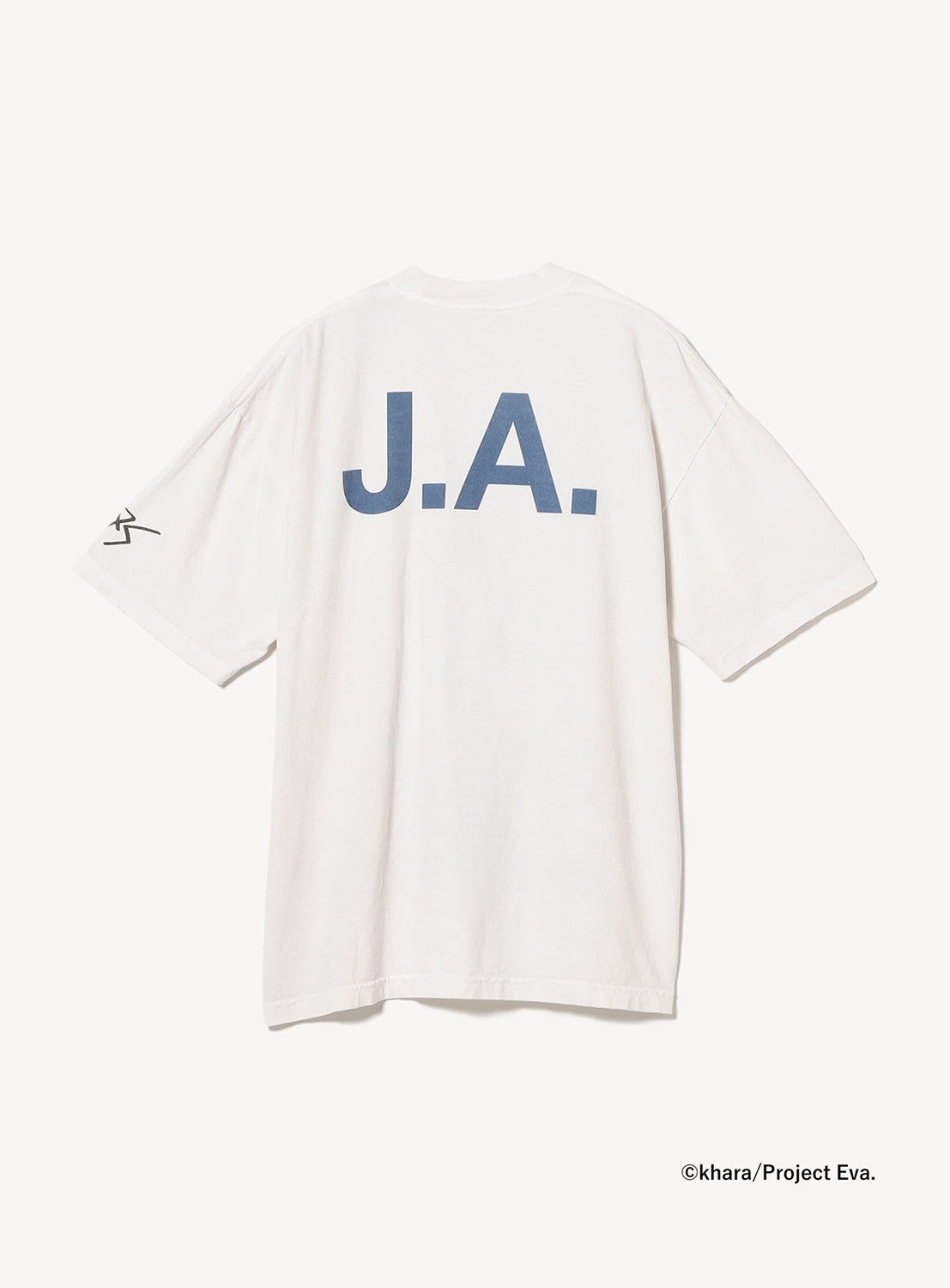Back of a heavyweight tee with a bold "J.A." blue graphic.
