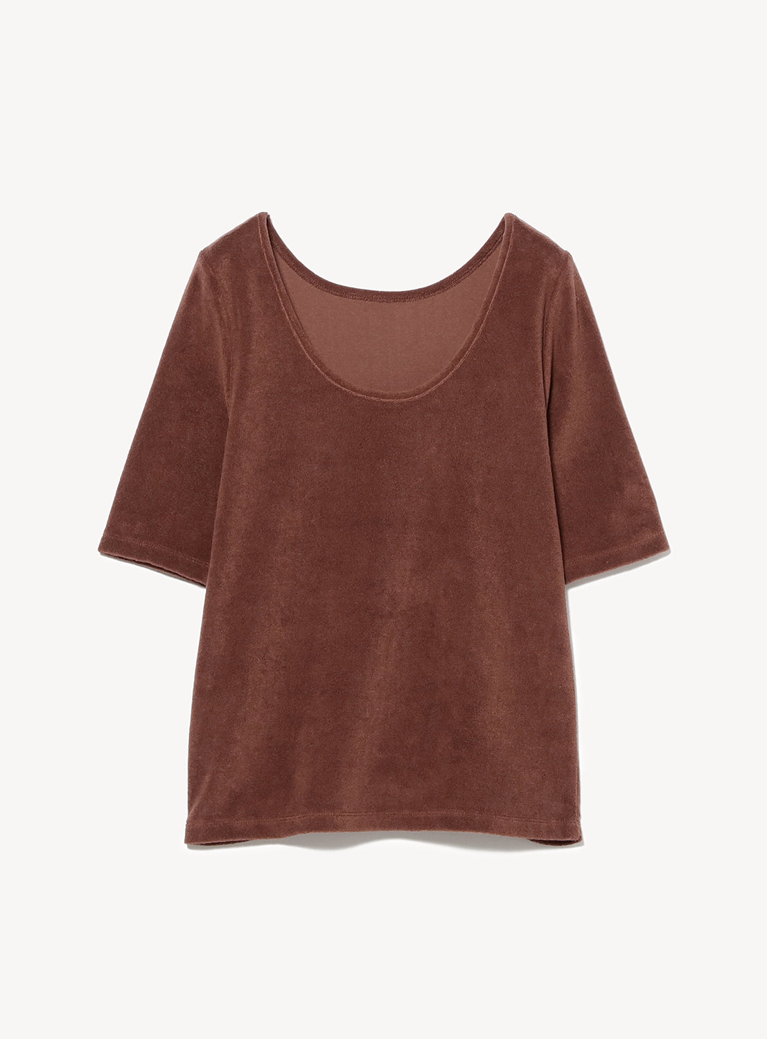Back of a brown velour t-shirt with a wide collar. 
