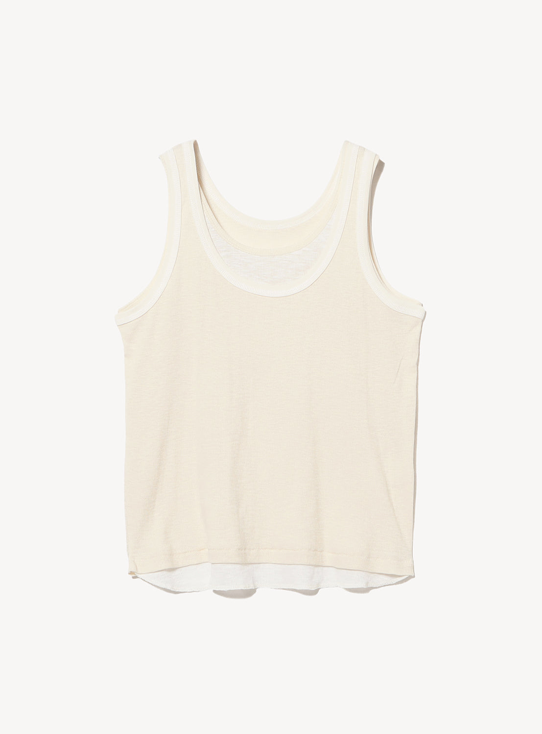 A Layered Rib Tank Top by BEAMS BOY in an off-white, sleeveless design is laid flat on a white background.
