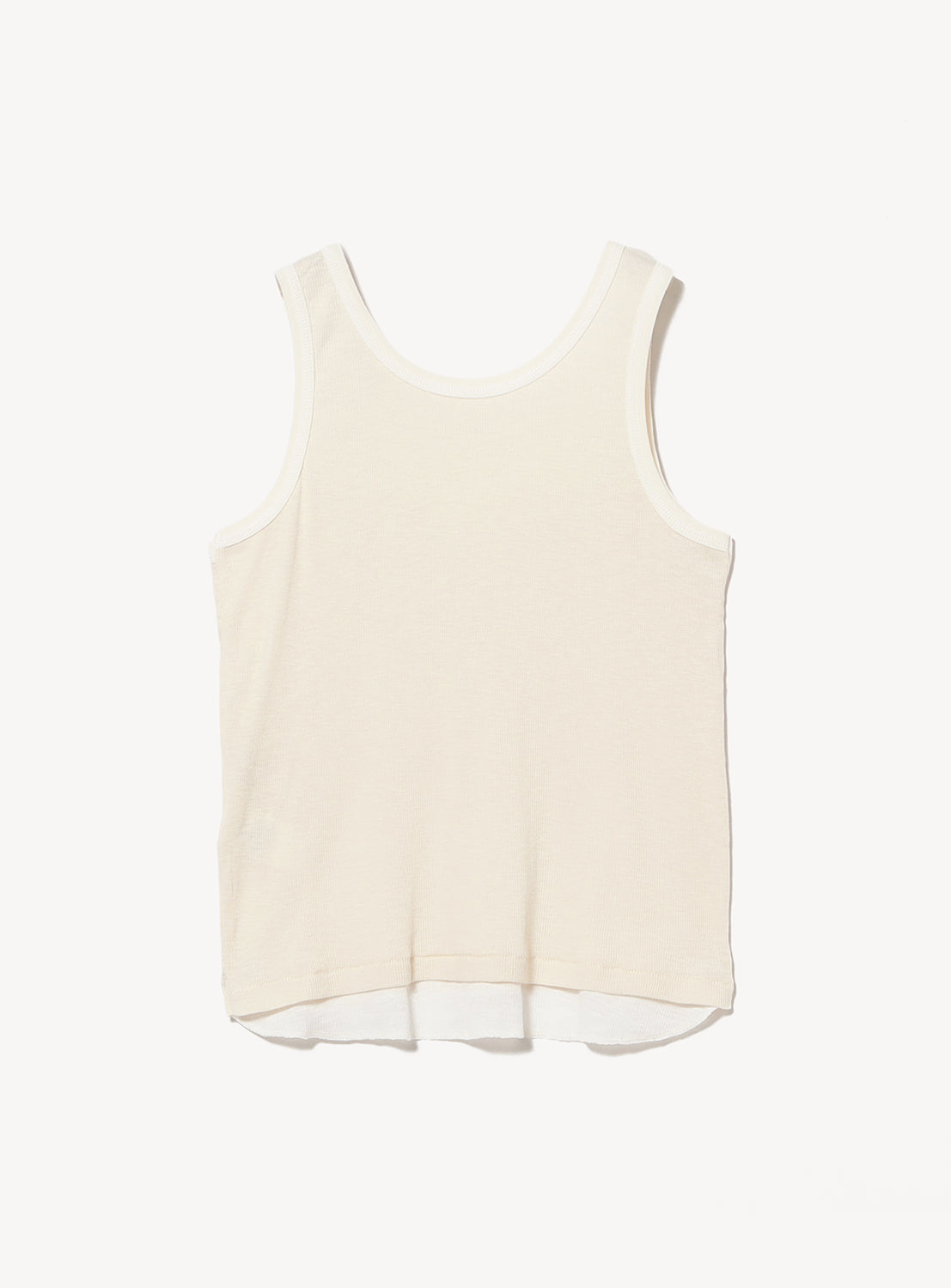 The Layered Rib Tank Top by BEAMS BOY is displayed laid flat on a white background, highlighting its simple sleeveless design with a rounded neckline, straight hem, and off-white ribbed knit fabric.