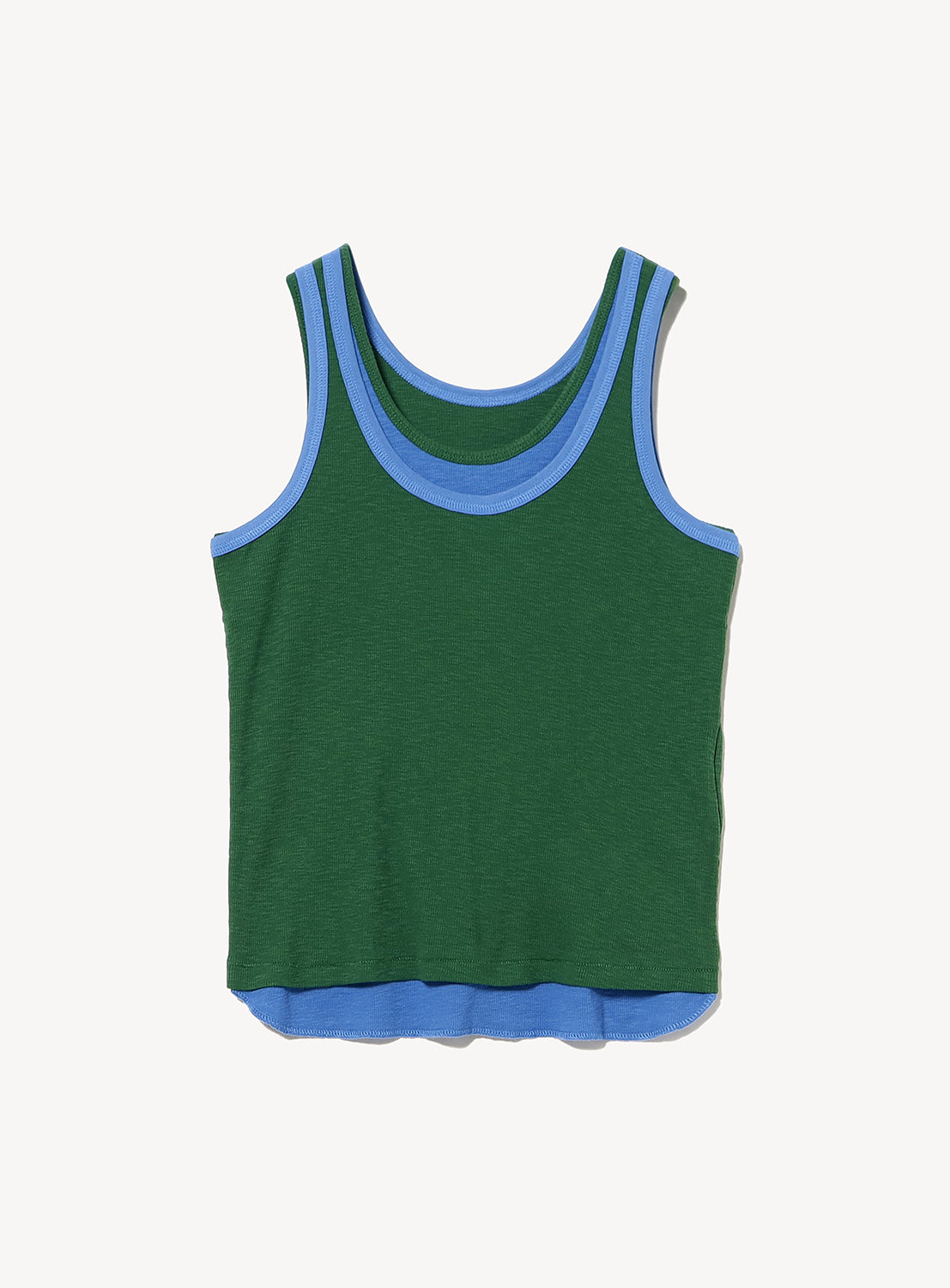 The BEAMS BOY Double-Layered Sheer Ribbed Tank Top is a green sleeveless piece made from 100% cotton ribbed knit fabric, featuring blue trim along the neckline, armholes, and hem. It is displayed flat on a white background.