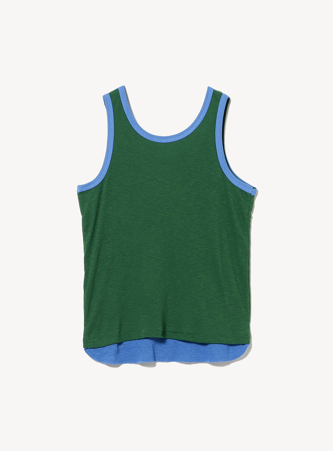 The BEAMS BOY Double-Layered Sheer Ribbed Tank Top is made from 100% cotton ribbed knit fabric in green, accented with blue trim along the neckline and armholes, and finished with a matching blue hem. This double-layered tank top is shown against a plain white background.