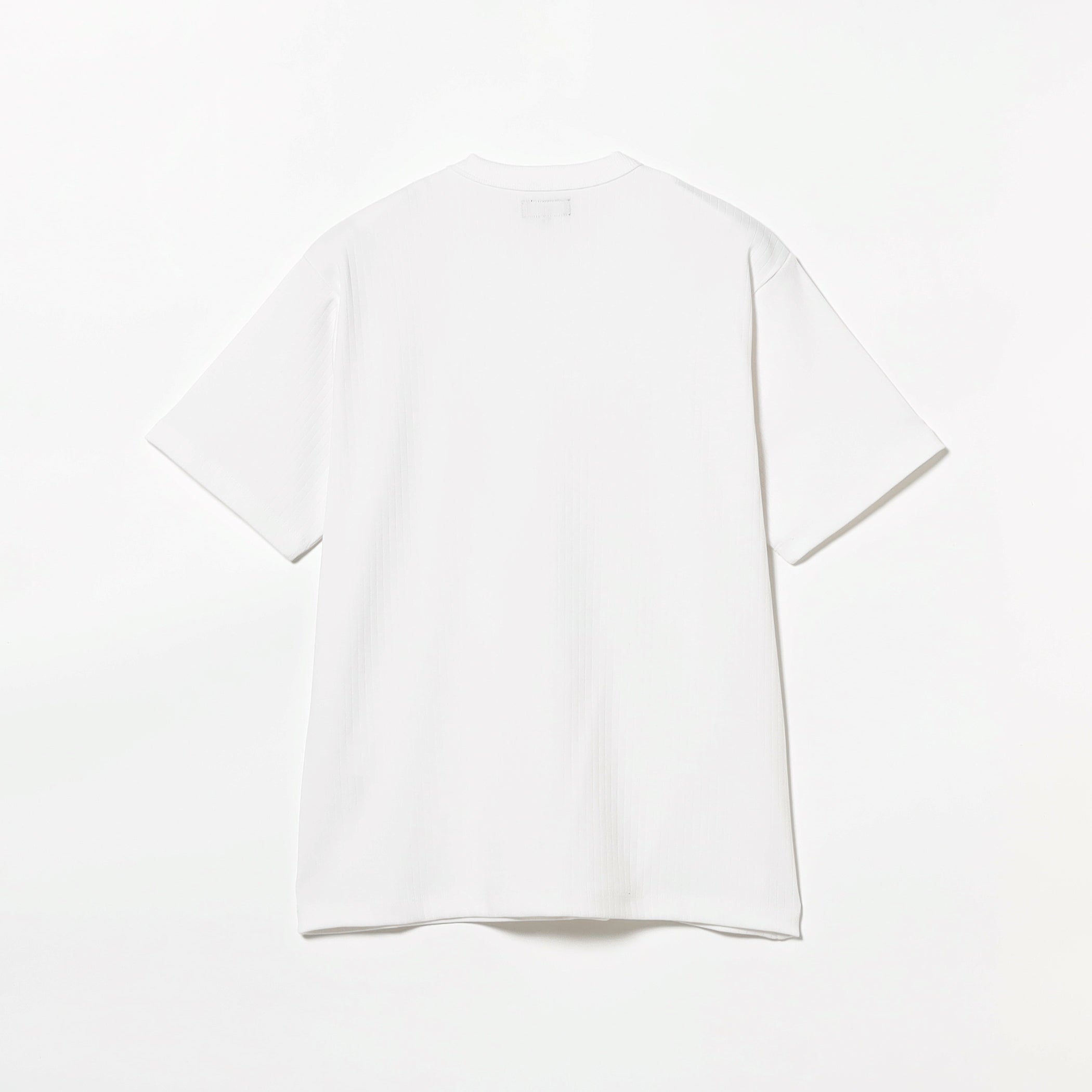Back of classic crewneck T-shirt in stretch ribbed cotton fabric.
