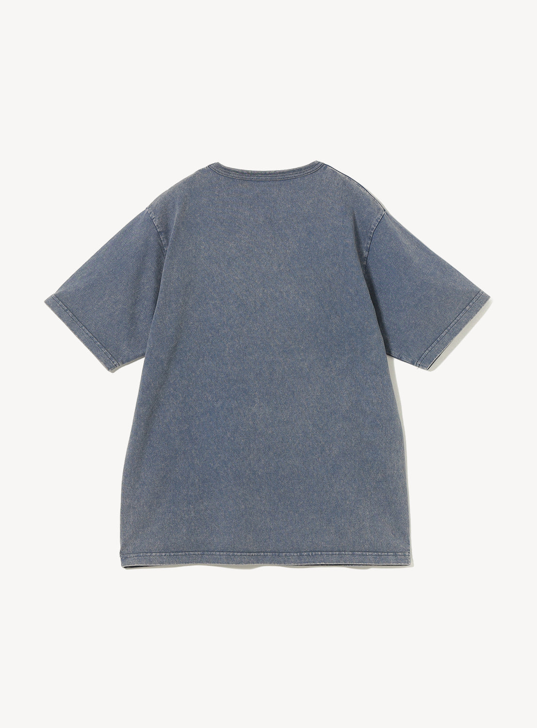 The BEAMS Ultra Faded Crew Neck T-Shirt, featuring short sleeves and a vintage blue denim look, is displayed flat with its back side up against a white background.