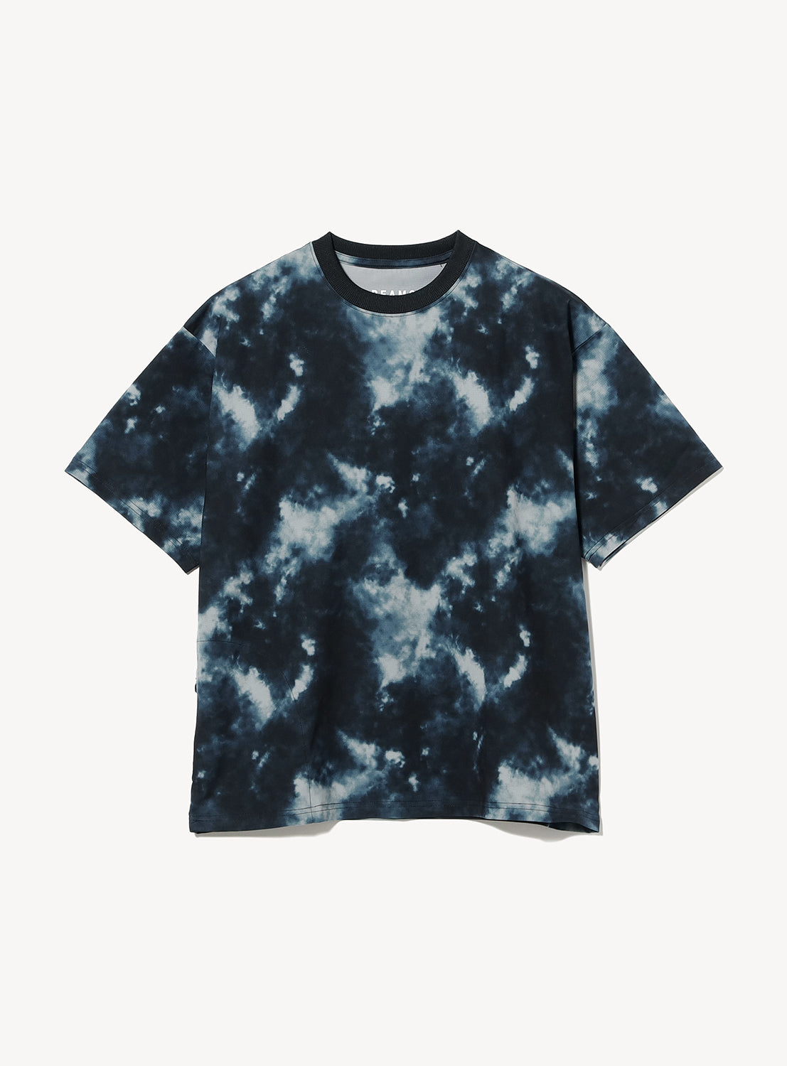 The BEAMS Relaxed Fit Dynamic Dry Crew Neck T-Shirt is a lightweight, short-sleeve top featuring a striking black and blue tie-dye pattern with a solid black collar. Made from moisture-wicking fabric for all-day comfort, it is shown against a plain white background.