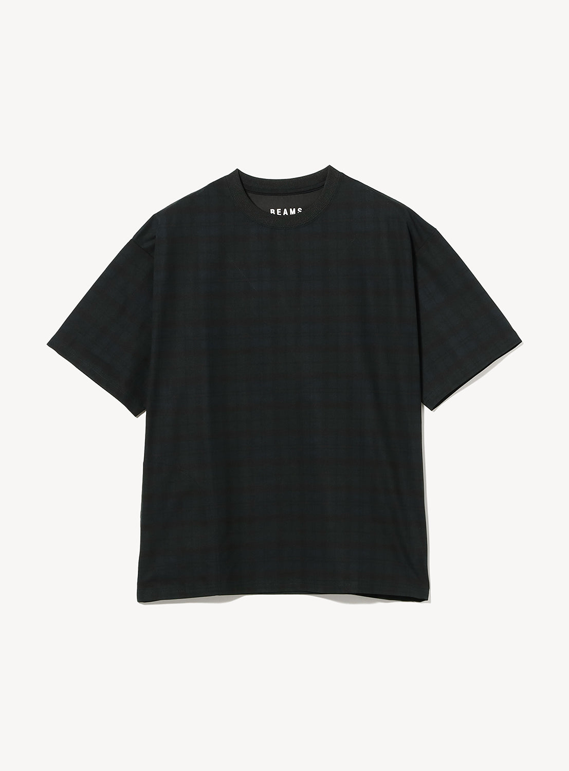 A black Relaxed Fit Dynamic Dry Crew Neck T-Shirt by BEAMS, featuring a subtle plaid pattern and moisture-wicking properties, is laid flat on a white background. The lightweight short-sleeve design includes the word "BEAMS" printed in small white letters near the collar.