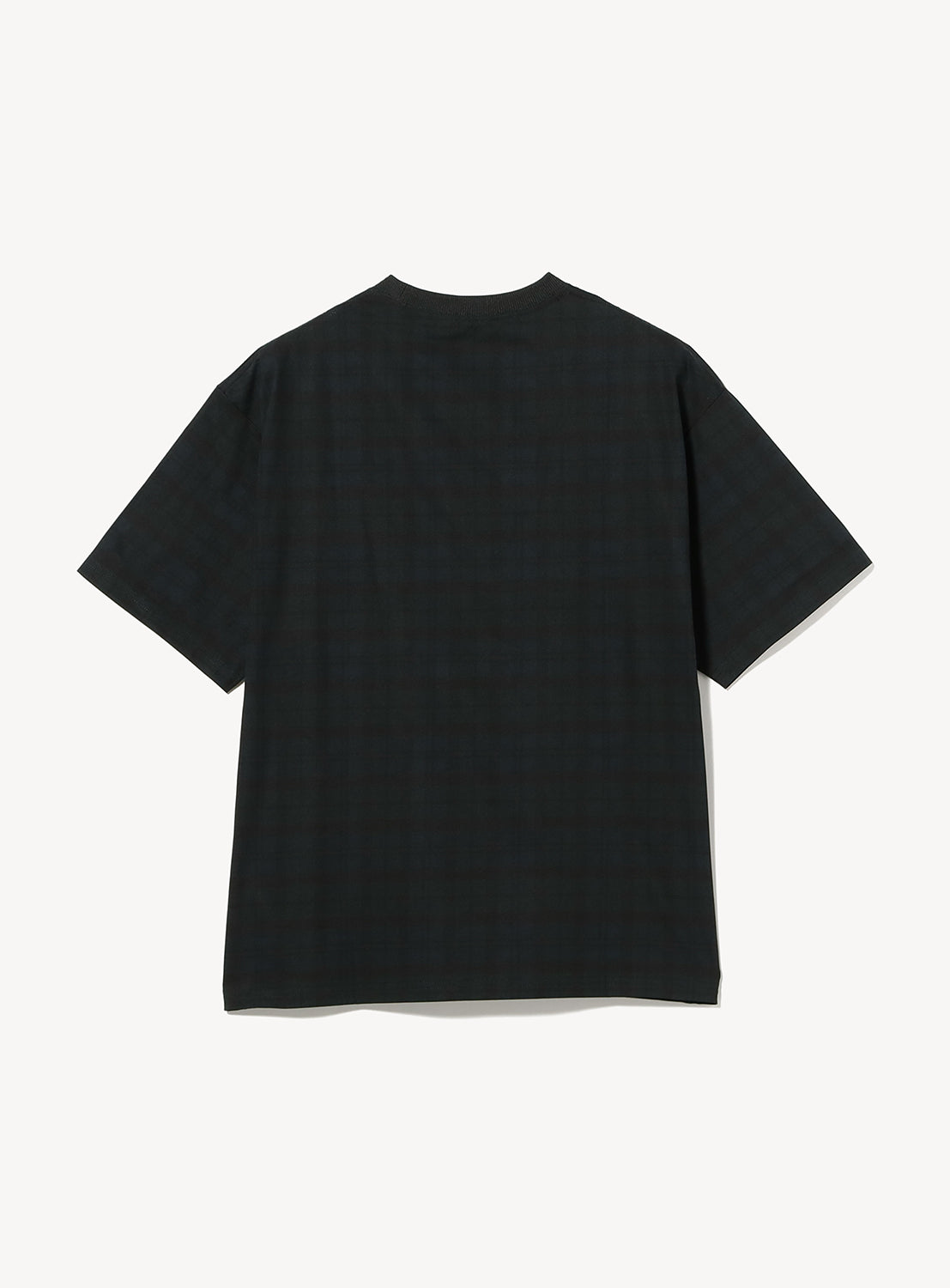 A Relaxed Fit Dynamic Dry Crew Neck T-Shirt by BEAMS, featuring short sleeves and a dark plaid pattern, is laid flat and shown from the back against a plain white background. The shirt has a crew neckline and offers a loose, relaxed fit.