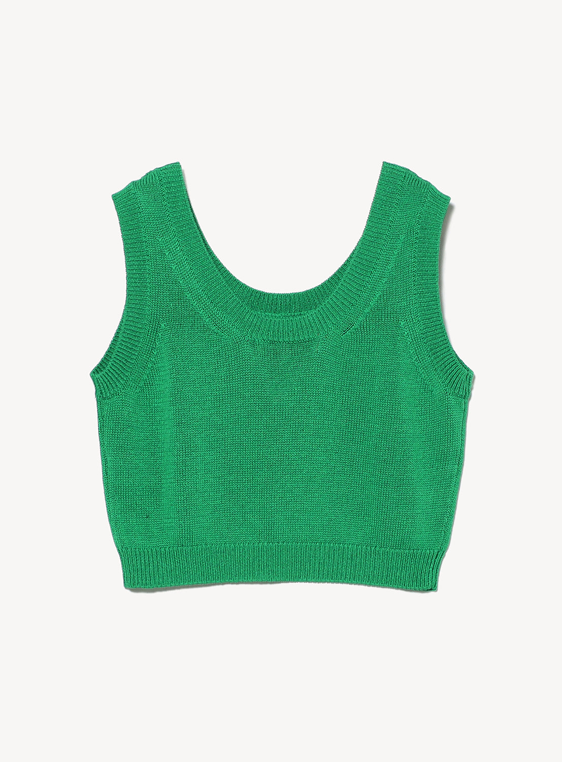 Green sleeveless knit top with a wide scoop neckline and a ribbed hem.