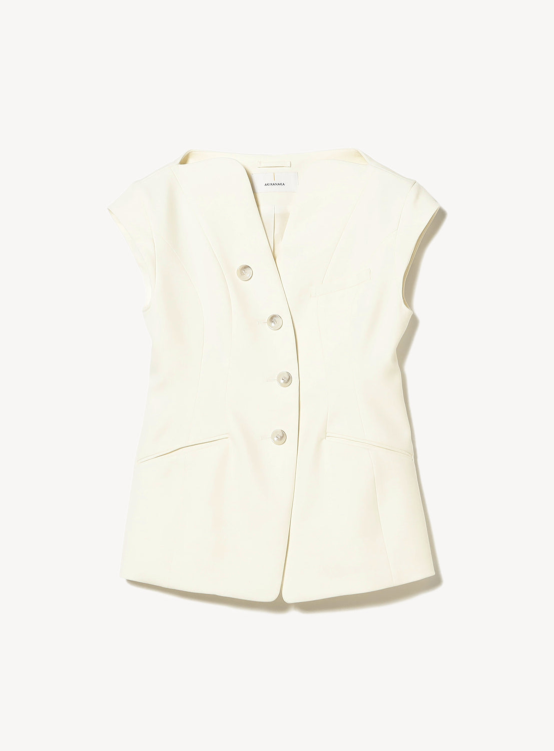 Off-white sleeveless tailored vest with V-neck and asymmetrical double-breasted button closure, laid flat.