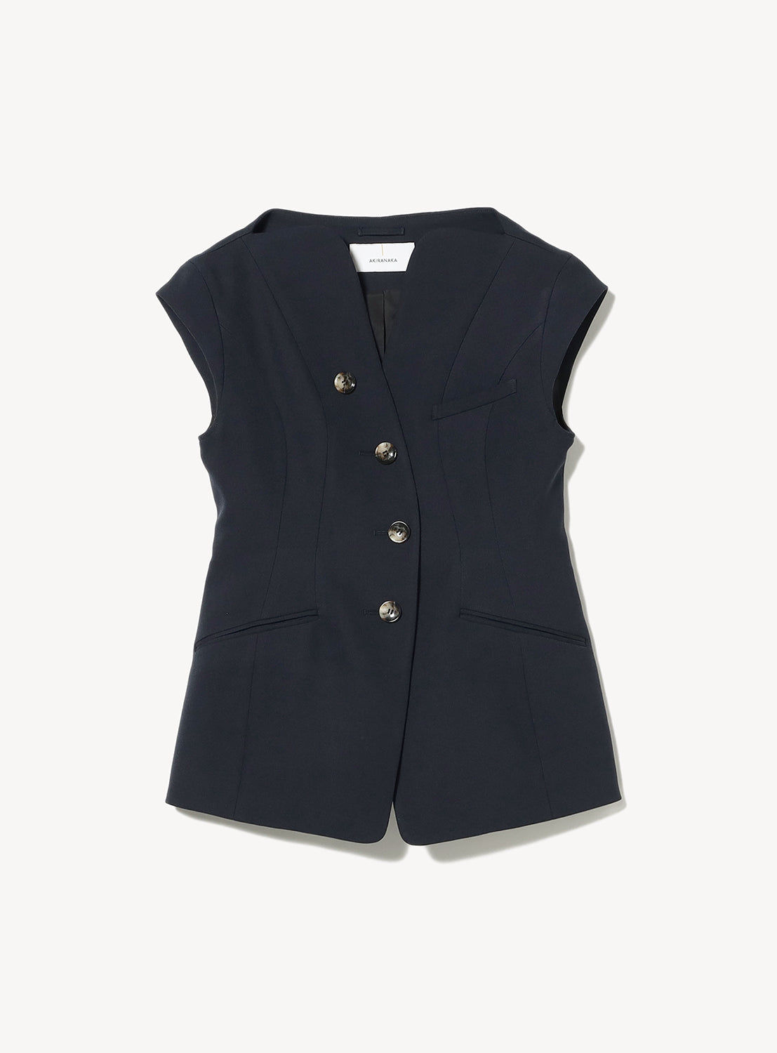 A dark navy sleeveless vest with a tailored fit, a V-neckline, and an asymmetrical double-breasted button closure with gold-toned buttons, laid flat.