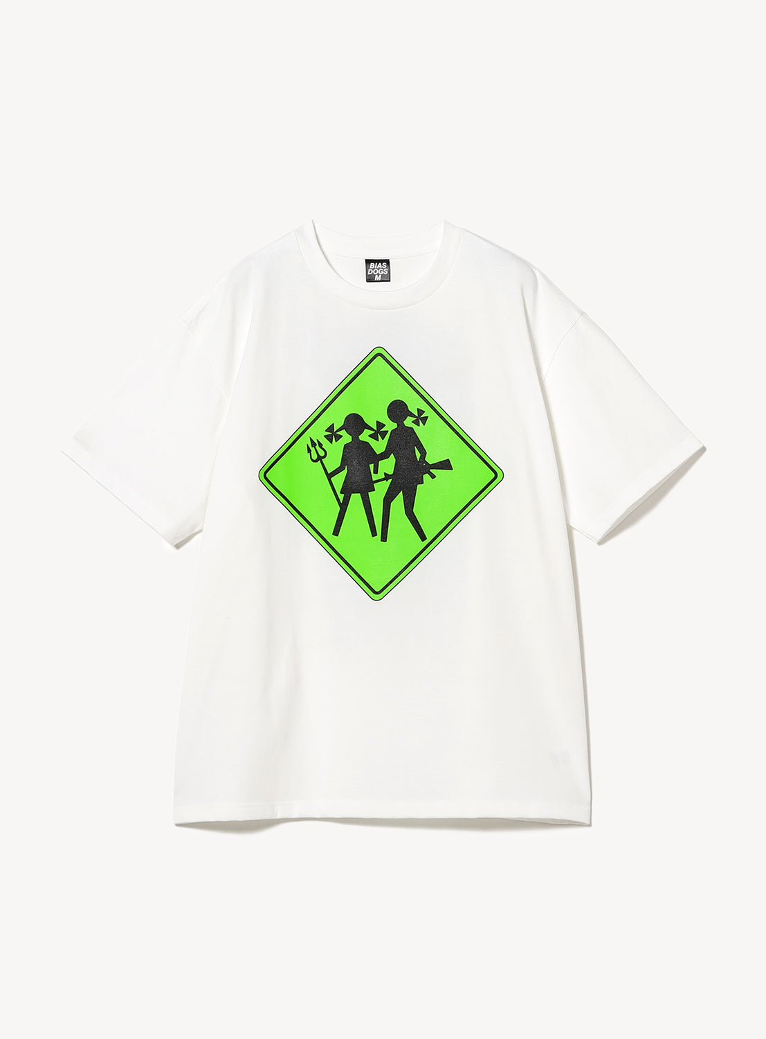 White t-shirt flat lay, featuring a neon green diamond-shaped graphic with black devil children silhouettes.