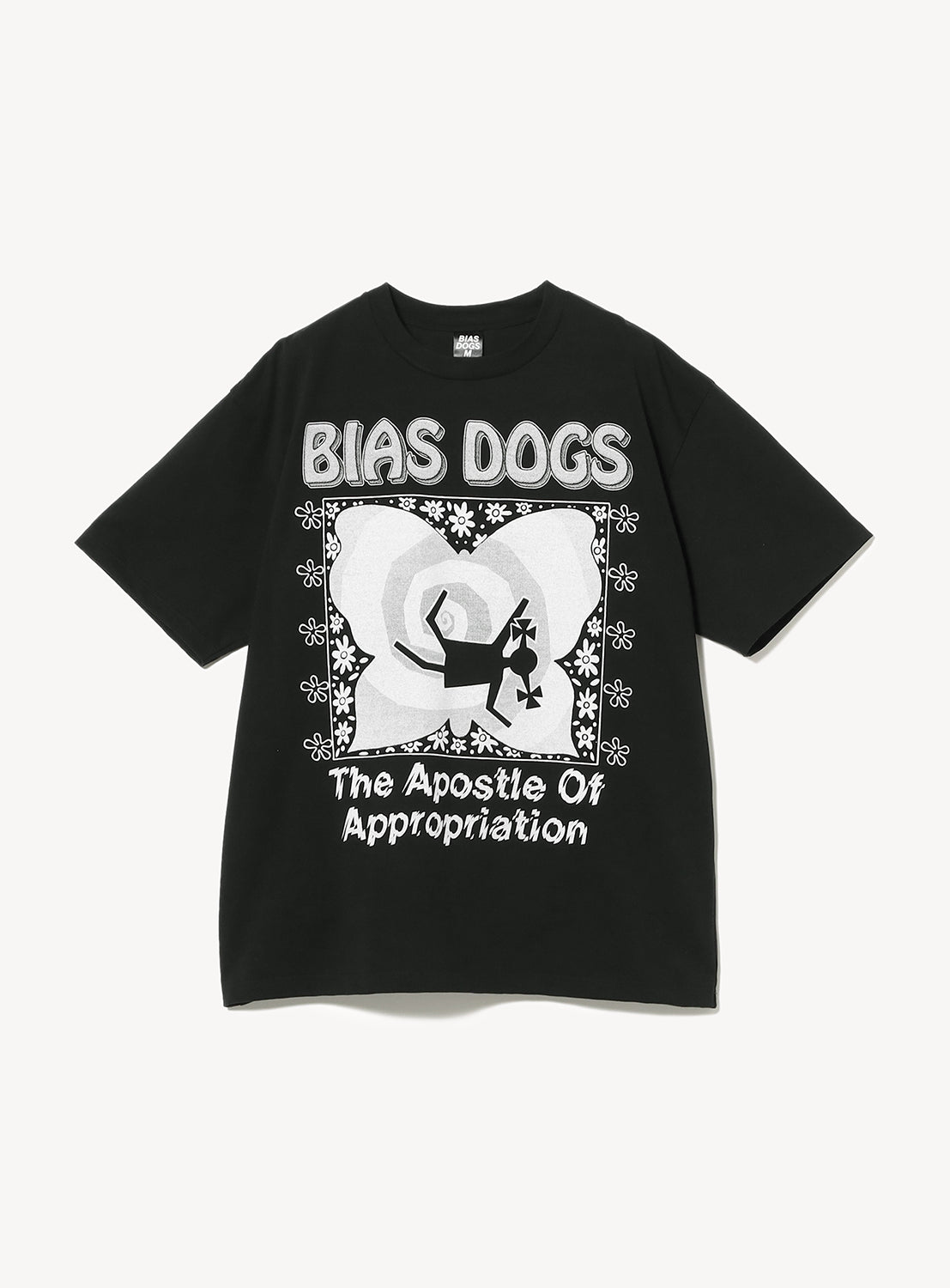 Black t-shirt flat lay, featuring a white "BIAS DOGS" graphic with stylized design and text "The Apostle Of Appropriation" on the front.