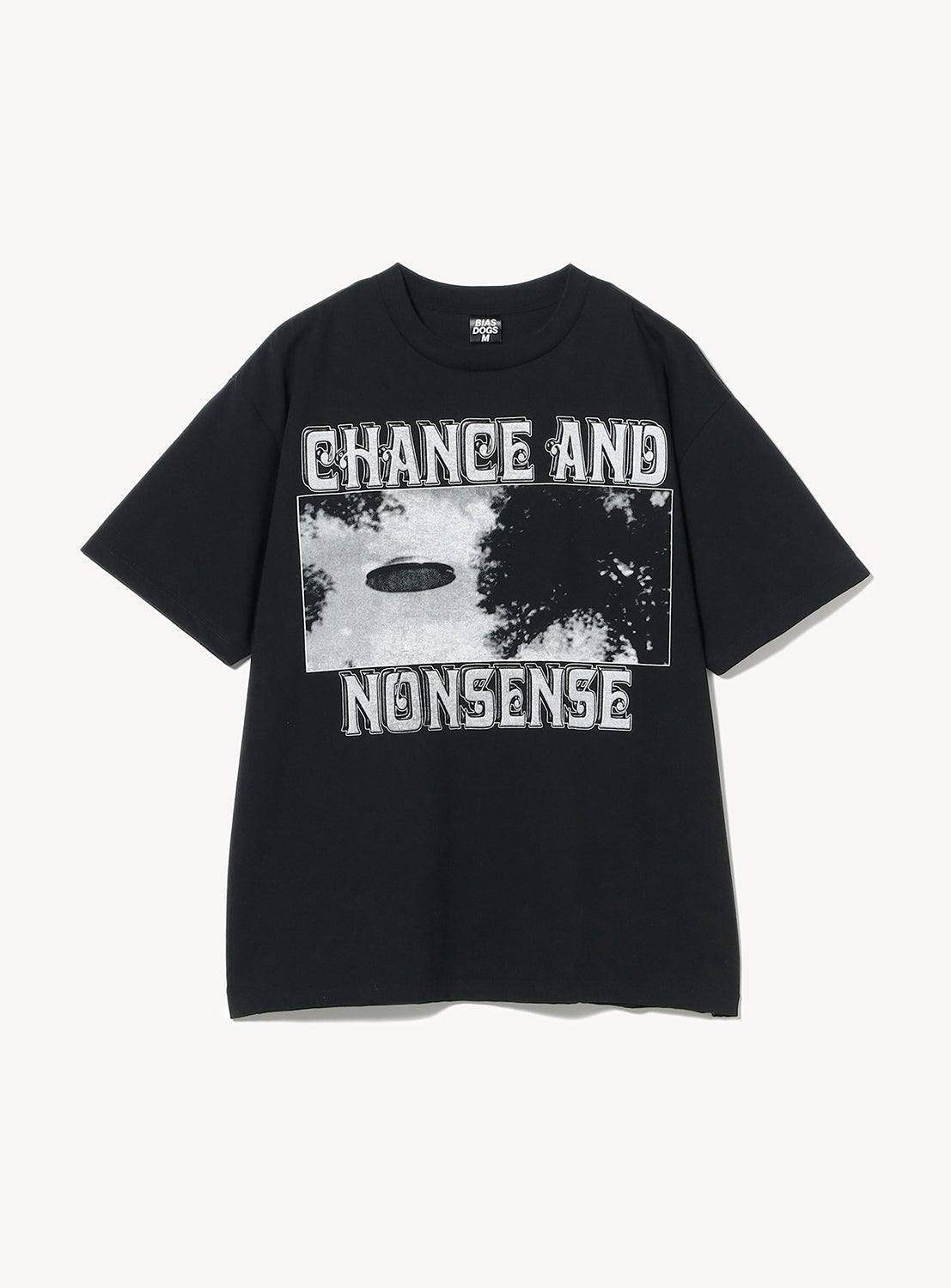Black t-shirt flat lay, featuring a white/grey graphic print with "CHANCE AND NONSENSE" text on the front.
