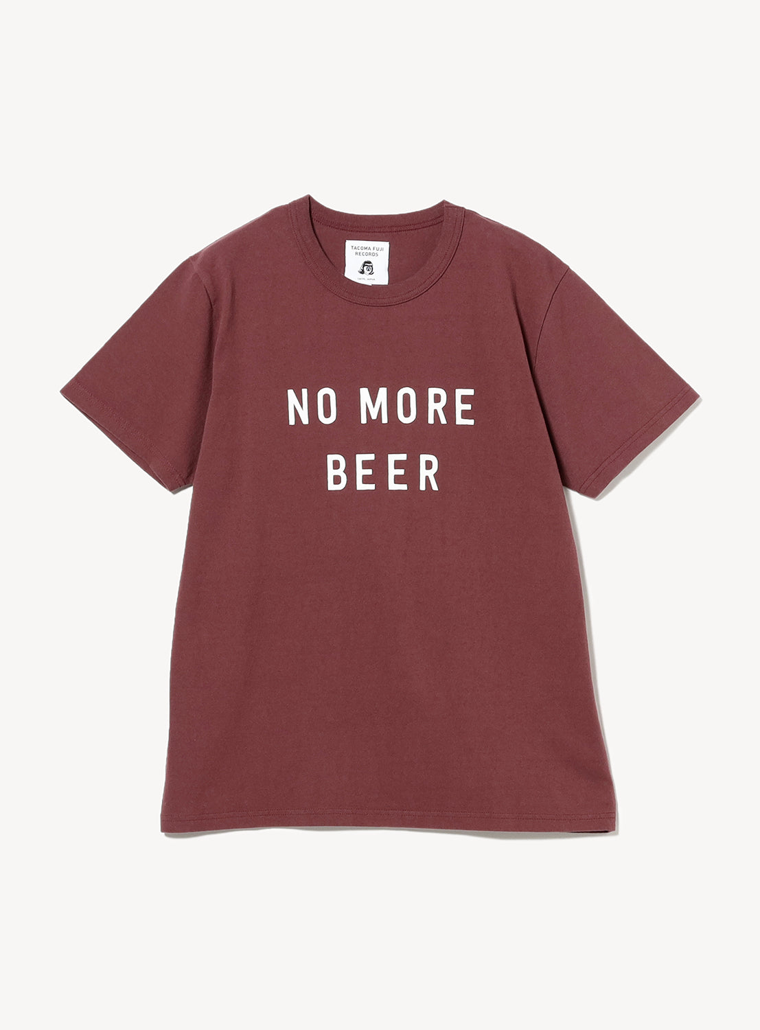 Maroon t-shirt flat lay, featuring white "NO MORE BEER" graphic print on the front.