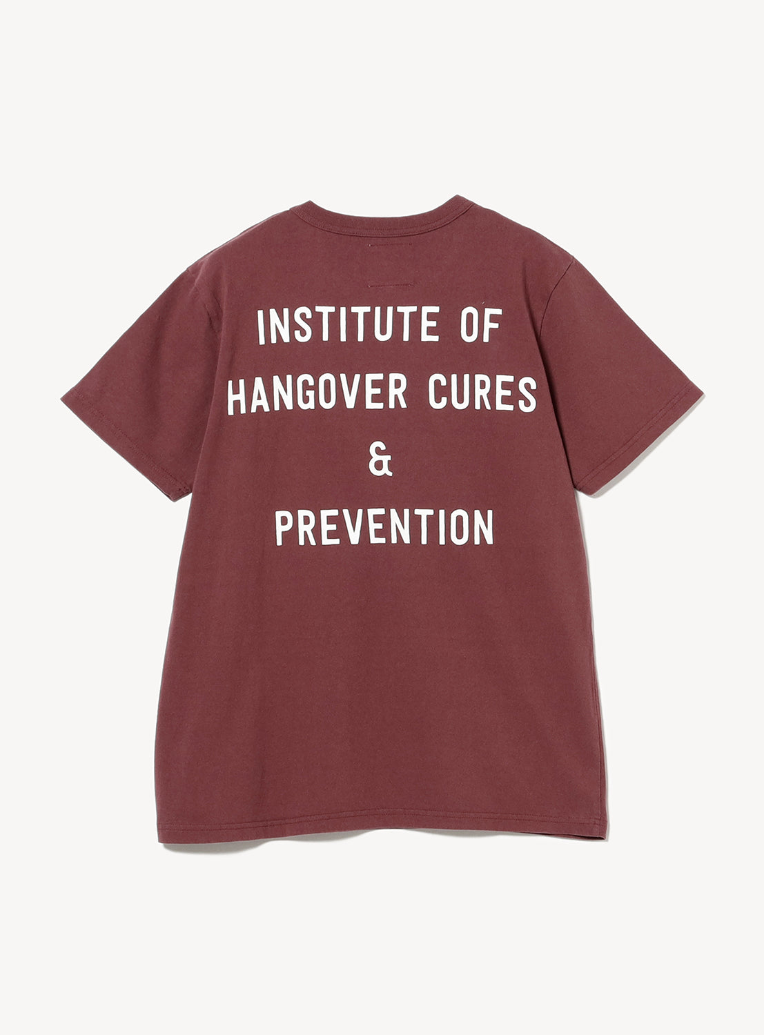 Maroon t-shirt flat lay, back view, showing white "INSTITUTE OF HANGOVER CURES & PREVENTION" graphic.