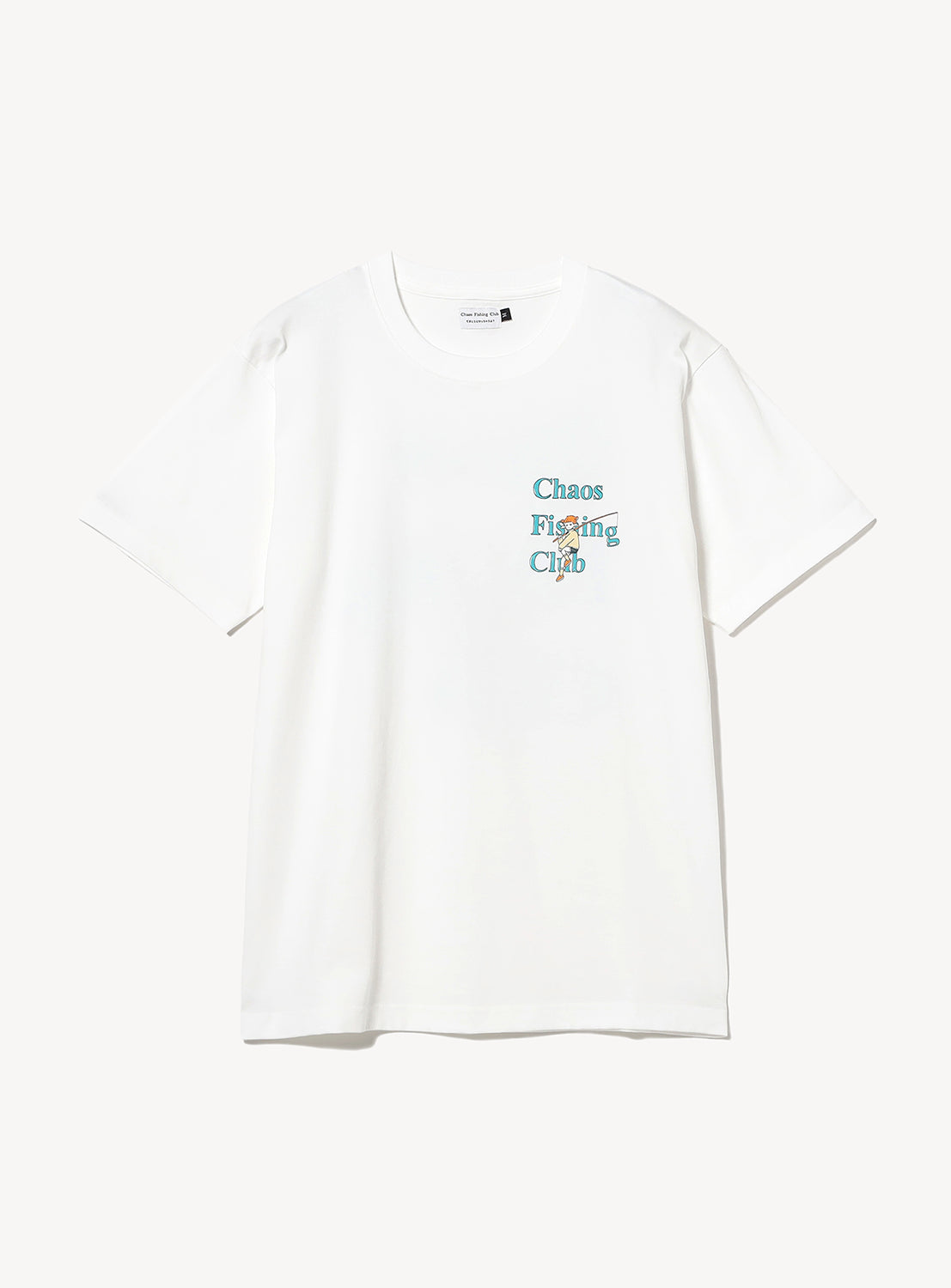 The Onna Fishing Theme Graphic T-Shirt by Chaos Fishing Club is a white short-sleeve tee, featuring small blue and yellow "Chaos Fishing Club" text and fishing-inspired artwork on the left chest area, displayed on a plain background.
