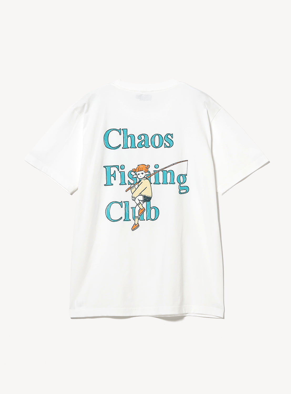 The Onna Fishing Theme Graphic T-Shirt by Chaos Fishing Club is a relaxed, wide-fit white tee featuring blue "Chaos Fishing Club" text and a fishing-inspired graphic of a person holding a rod.