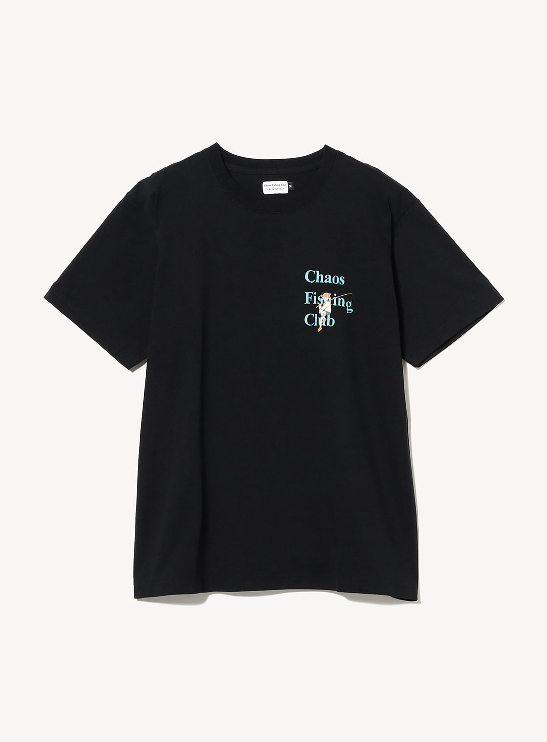 The Short Sleeve Onna T-Shirt by Chaos Fishing Club is a black, relaxed fit cotton tee with short sleeves, featuring small “Chaos Fishing Club” text in white and blue on the left chest—a subtle, fishing-inspired graphic perfect for casual wear.